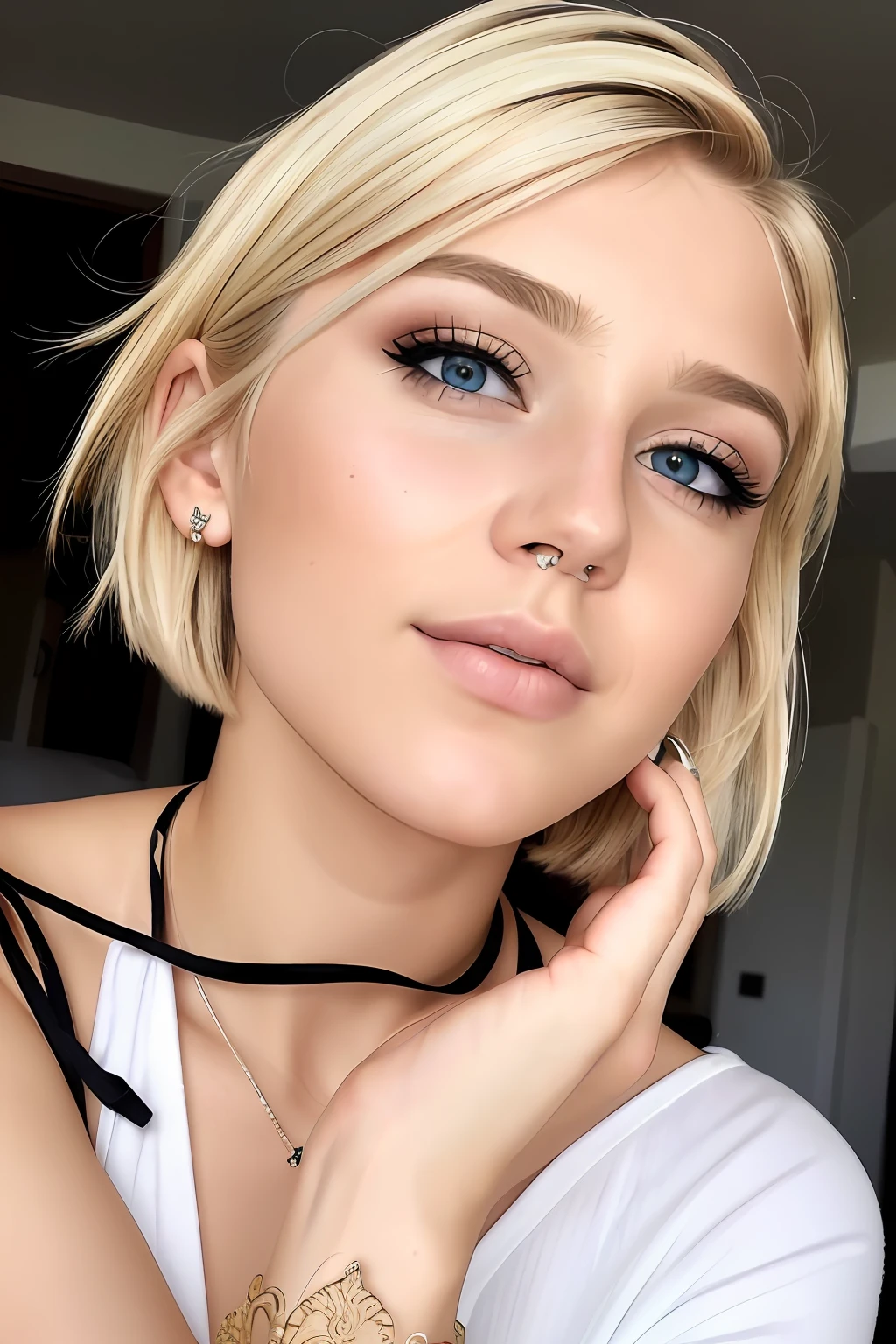 ((best quality)), ((ultra res)), ((photorealistic)), (intricate details), 19 years old, blonde hair, perfect face, make up:1.5, light on face, face detail, pixie_cut,