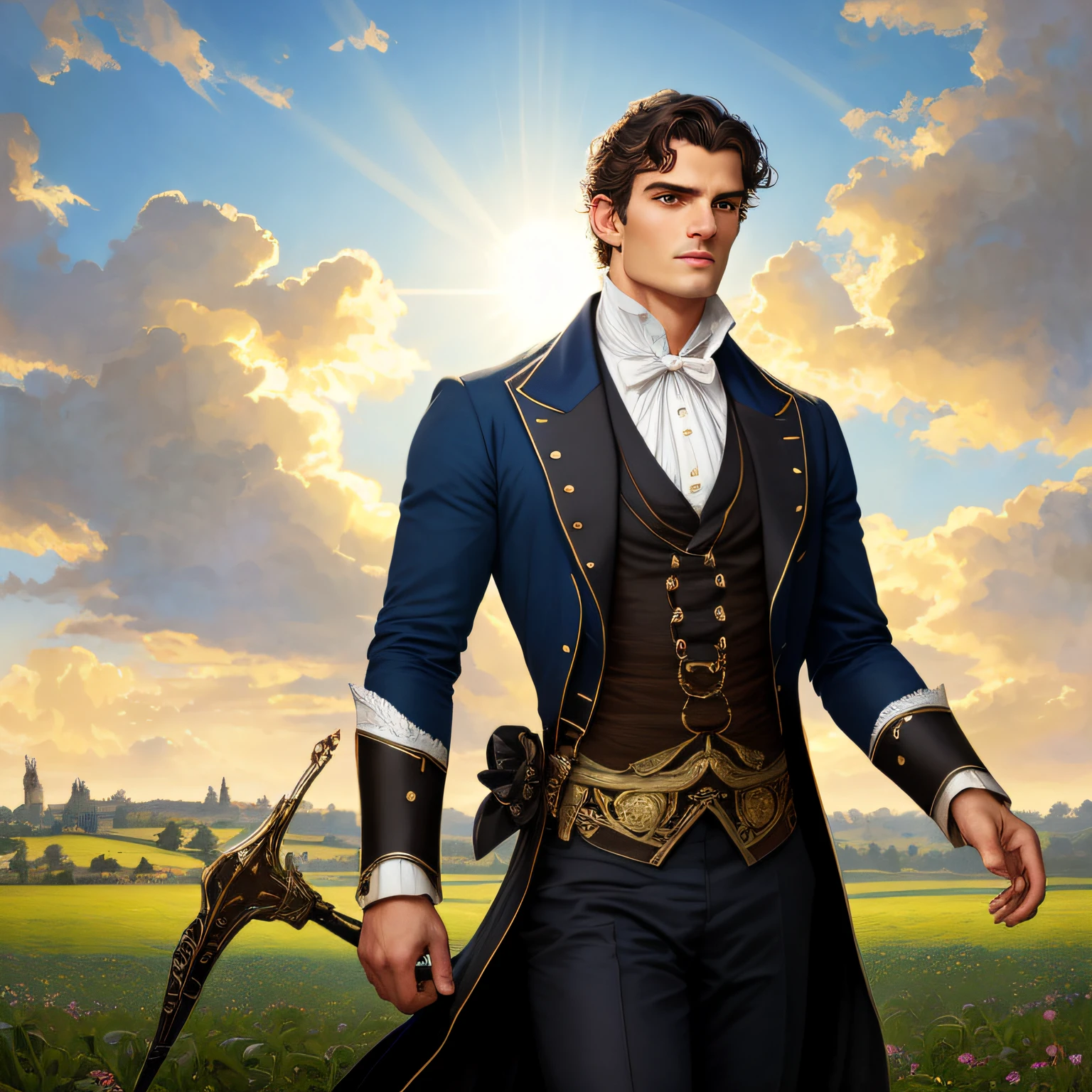 masterpiece stunning tanned masculine and tall man wearing british regency male outfit, looking up, ((sunny farm background)), black tidy short hair, detailed perfect deep blue eyes, resemblance to henri cavill, full body, cover, hyperdetailed painting, luminism, Bar lighting, complex, 4k resolution concept art portrait by Greg Rutkowski, Artgerm, WLOP, Alphonse Mucha: a stunning realistic photograph 30 years