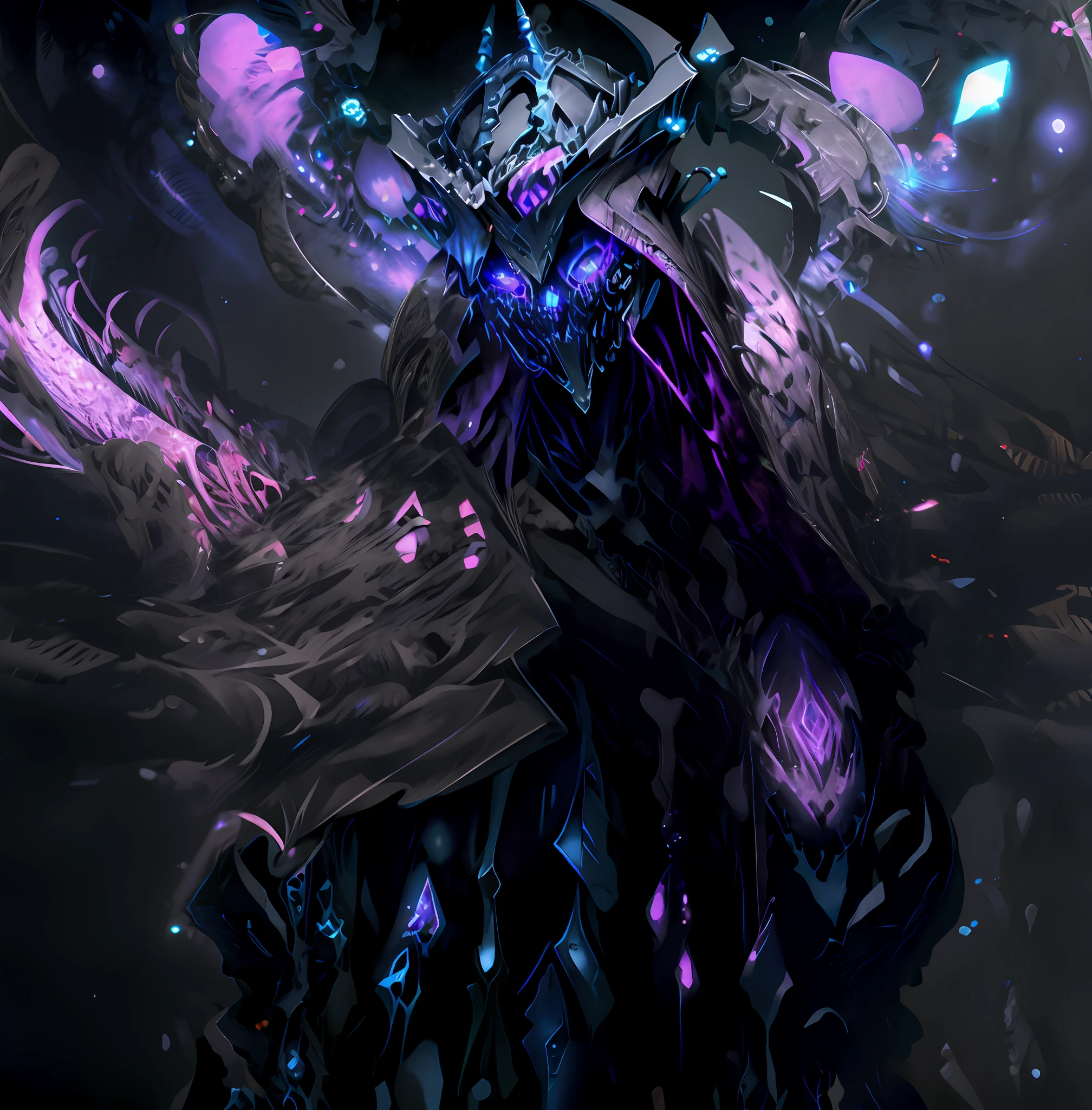 Necromancer, carries magic pebbles, magical effects a combination of black, purple and blue colors, the necromansion is half skeleton face and the other half is natural, a reaper of spirits ,give lot of details to the face , ultra datils, clean view،A crown made of black, red, purple and blue flames rests on the head of the preparation ،make the crown 👑 very clear-eyed observable
