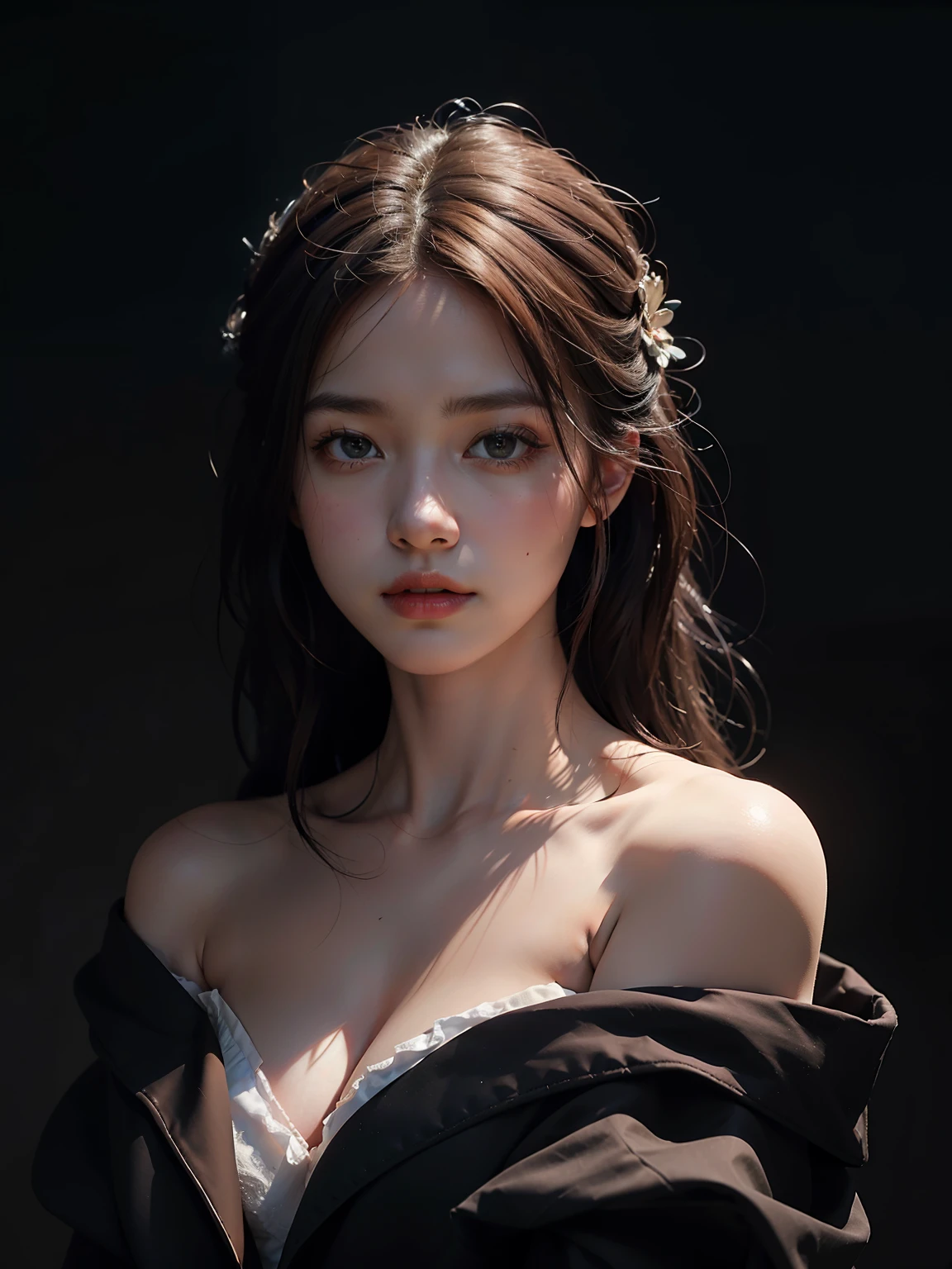 Best quality, masterpiece, ultra high res, (photorealistic:1.4), raw photo, 1girl, offshoulder, in the dark, deep shadow, low key, cold light
