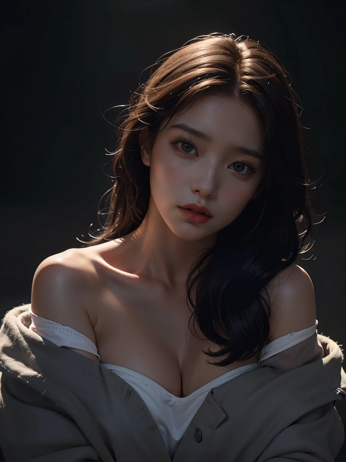 Best quality, masterpiece, ultra high res, (photorealistic:1.4), raw photo, 1girl, offshoulder, in the dark, deep shadow, low key, cold light