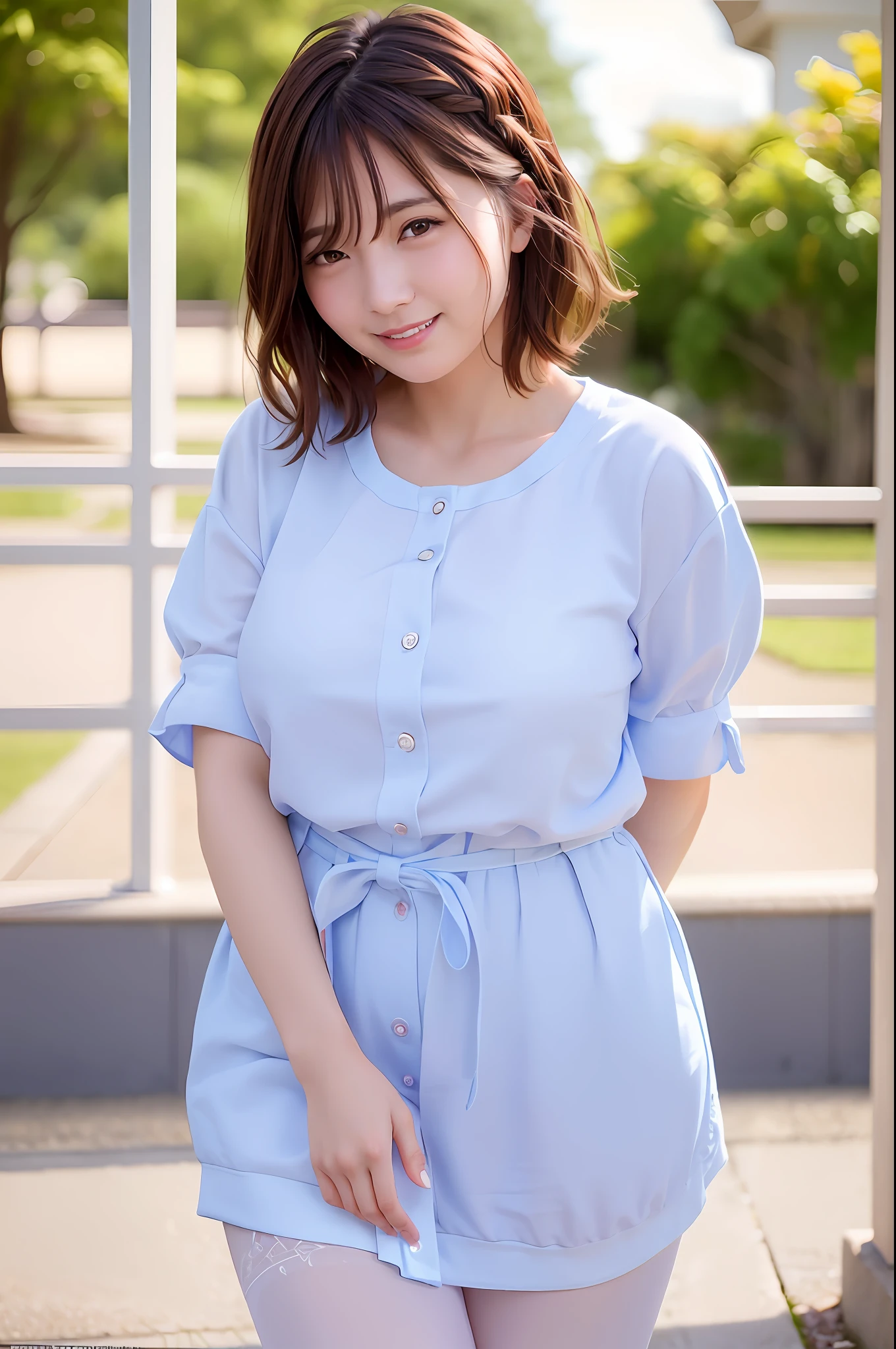 Realistic, Best Quality, Photorealistic, Masterpiece, 8K, High Definition, Solo,1 Female, 25 Years Old, ((((Female)))), Very Detailed Face, (Skin Spots:1.2), (Skin Dentation), Black Eyes, (Viewer: 1)), (Viewing Camera), (Portrait: 0.6), Cowboy Shot, Gorgeous, Thighs, Pantyhose, (Open Legs), Wide Shoulders, Full Body, (Big Breasts : 5.0), (plump body), (short hair), brown hair, floating hair, braided hair, lips, lipstick, eyelashes, moles, (moles under eyes: 1), seductive smile, open_mouth, teeth, fashionable and trendy atmosphere, (professional lighting, bokeh), (light particles, lens flare, glowing particles: 0.6), (dynamic pose: 1.3), soft lighting, Japan, school grounds, (Daytime)), Sky,