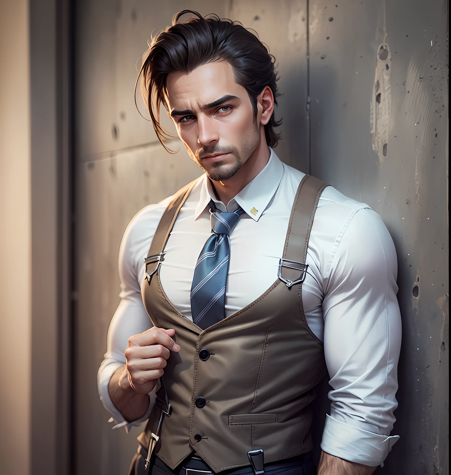 there is a man with a tie and suspenders posing for a picture, face retouched, professional retouch, background removed, professional profile picture, retouched in photoshop, with accurate face, professional detailed photo, without beard, professionally retouched, very realistic effect, highly detailed vfx portrait, retouched, portait photo profile picture, facial retouch, photoshopped --auto --s2