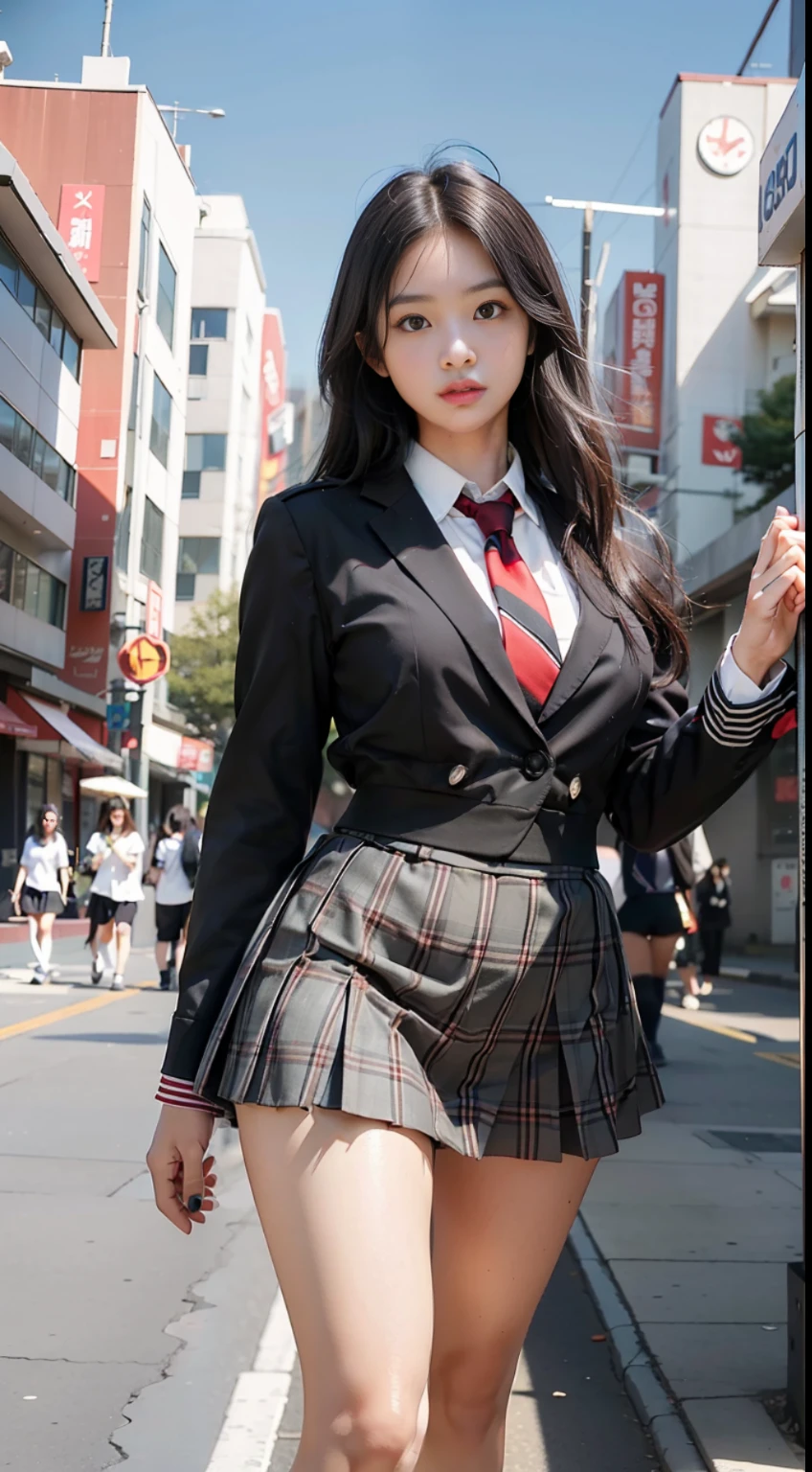 (photogenic, group photo, uniform, high school students, masterpiece:1.2), voluptuous body, beautiful face, 3D, japanese, black_eyes, black_hair, schoolyard, lips, long_hair, uniform, high school student, long black hair, schoolyard, school uniform, real, shiny skin,beautiful delicate face, beautiful delicate eyes,mini skirt, multi-person, perspective from a distance