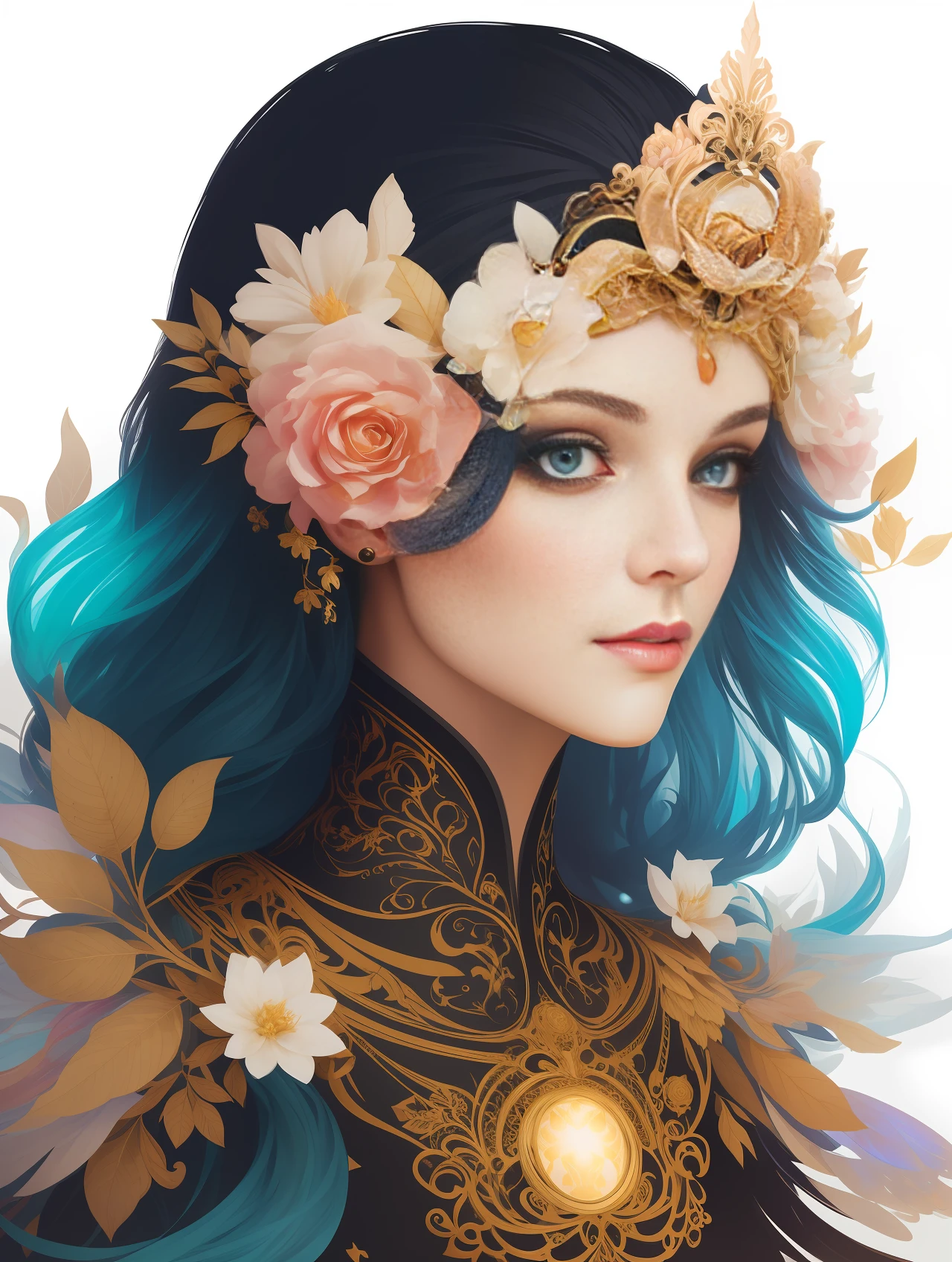 (skeleton like:0.4), ((female ornate princess)), (with white long flowing hair), (bright beautiful eyes), trending on artstation, flowers of hope by Jean-Honor Fragonard, Peter mohrbacher, hyper detailed, insane details, stunning, intricate, elite, art nouveau, ornate, liquid wax, elegant, luxury, Greg Rutkowski, ink style, sticker, vector-art beautiful character design, double exposure shot, luminous design, award winning, masterpiece, amoled black background,