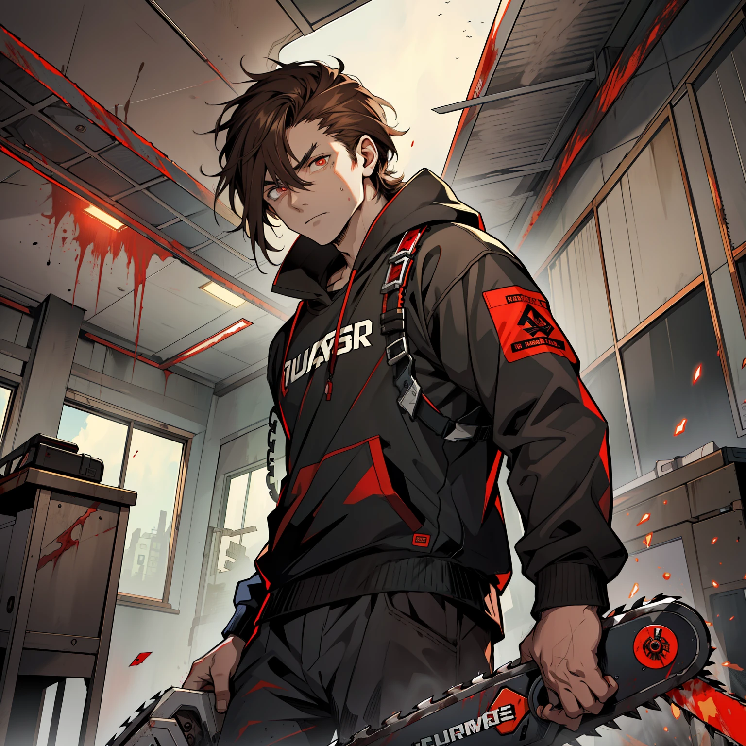 (Best quality: 1.0), (Ultra resolution: 1.0), (Masterpiece), (8K), (Apocalyptic style), a man, young and handsome, brown hair, black sweatshirt, (red pupils), sharp eyes, fierce expression, (background in the classroom), standing in the center, ((holding a bloody chainsaw in hand)),