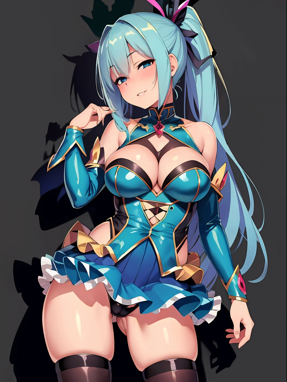 (best quality), (ultra-detailed), (best illustration), (best shadow), masterpiece, high res, (1gir, solo), aqua, blue eyes, blue skirt, green bow, blue shirt, detached sleeves, bare shoulders, hair rings, blue stockings, ponytail, hair ornament , corruption, showgirl skirt, parted lips, cameltoe, skindentation, seductive pose, large breasts, glowing eyes, simple background