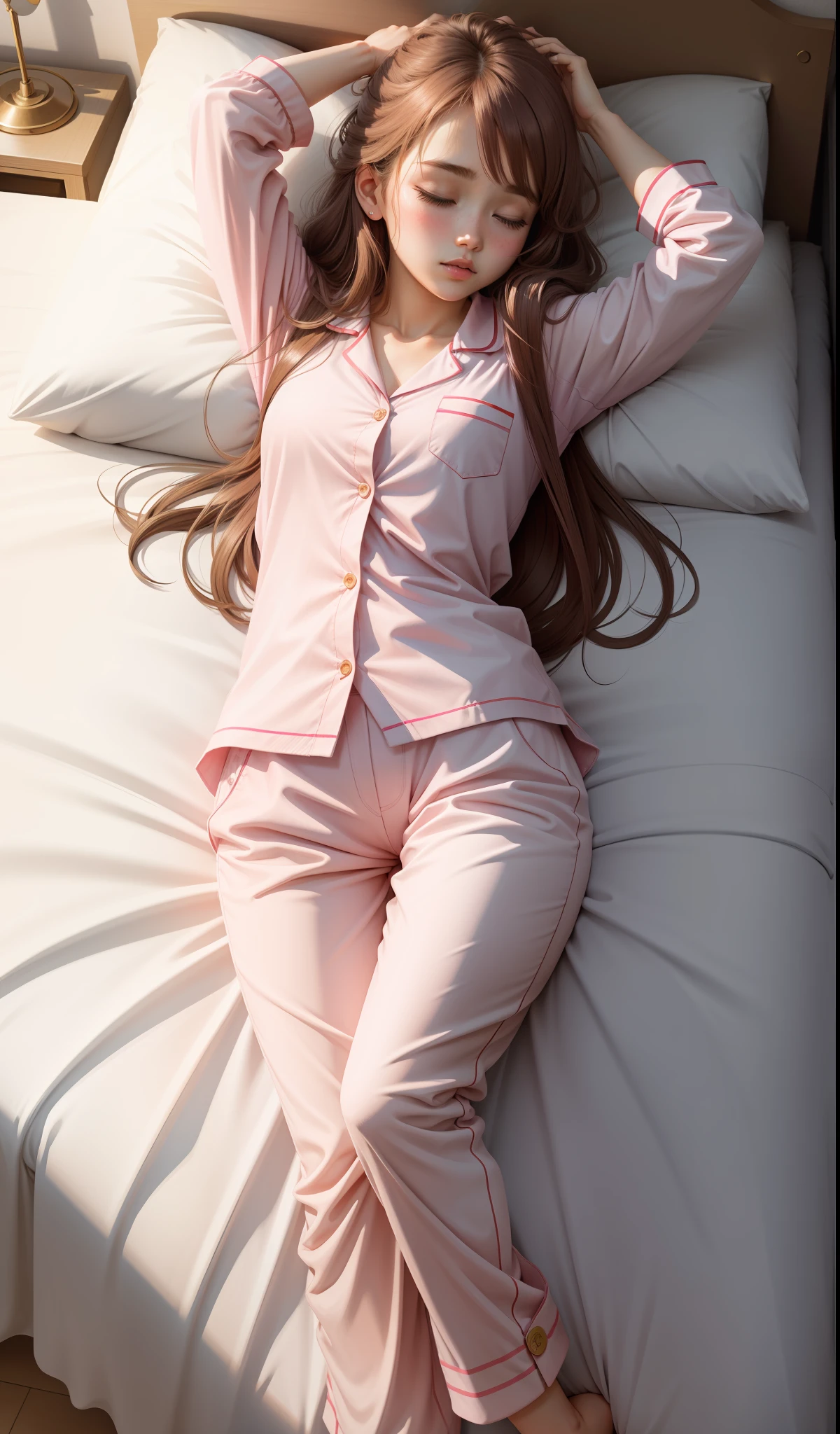 Sleeping girl, 22 years old, realistic, she is wearing long pants, she is wearing pink pajama, brown hair.