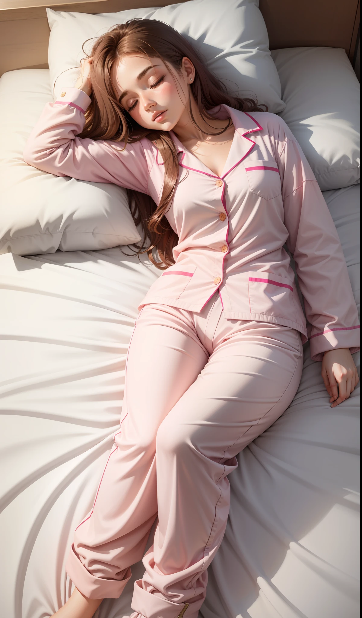 Sleeping girl, 22 years old, realistic, she is wearing long pants, she is wearing pink pajama, brown hair.