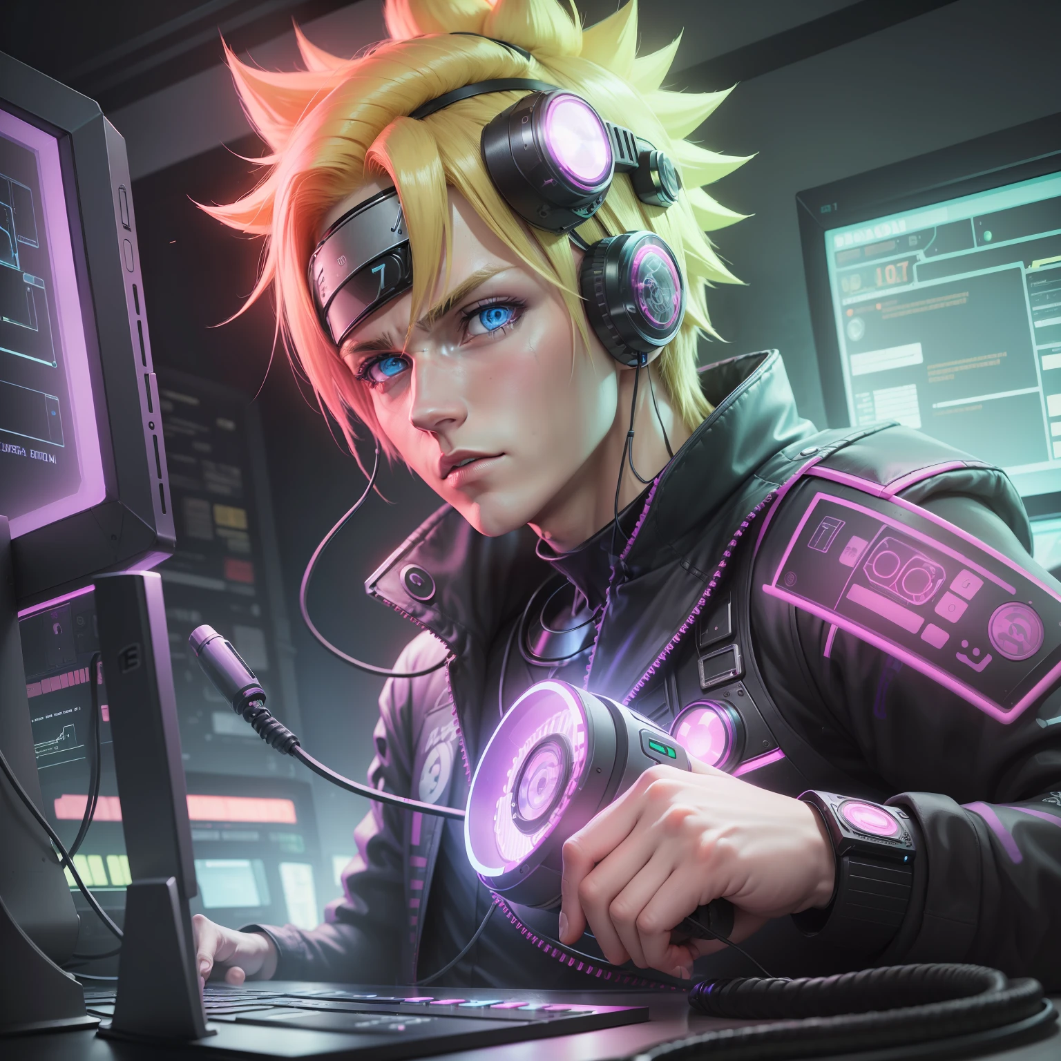 ((Best quality)), ((masterpiece)), (highly detailed: 1.3), 3D, NeonNoir, Naruto Uzumaki cyberpunk, man, blond hair, blue eyes (using the head mounted display that is thick and hi-tech: 1.2), using a cover, hacking a computer terminal, PURPLE NEON MONITOR LIGHT, GREEN NEON SIGNS ON THE WALL,