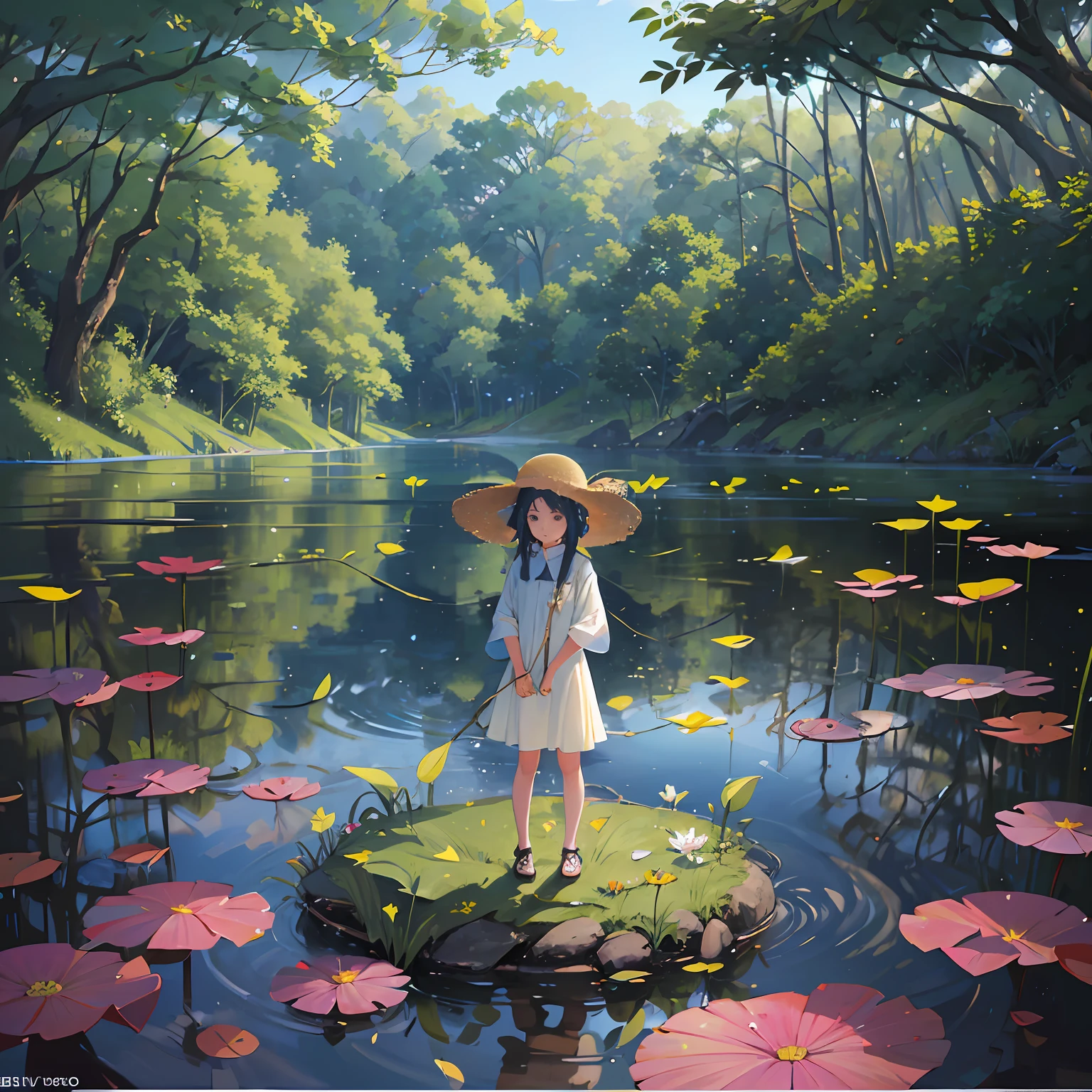 Pond, a child with a straw hat standing by the pond, big clouds, blue sky, pond with lots of lotus leaves, forest, hillside, secluded, rural, HD detail, hyper-detail, cinematic, surrealism, soft light, deep field focus bokeh, ray tracing and surrealism. --auto --s2