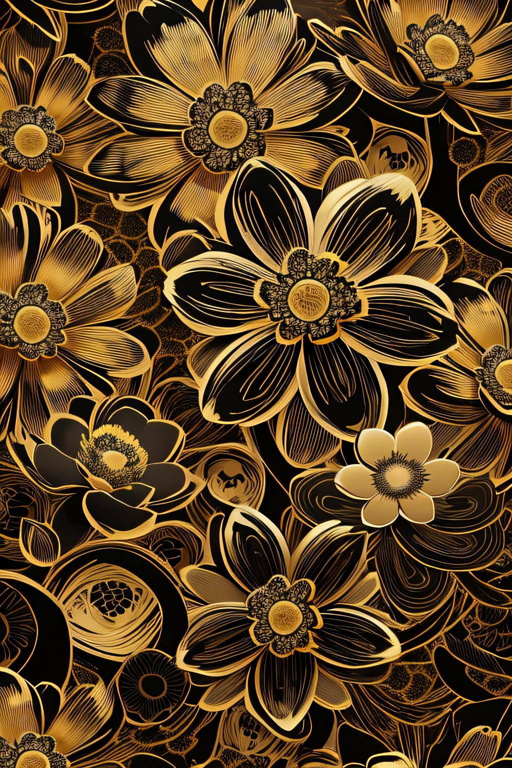a closeup of a black and gold flower background with many flowers, digital matte black wallpaper wallpaper art, dark flower pattern wallpaper, black and gold colors, golden flowers, rich color in black and gold, black flowers, dark and intricate, flowers and gold, gold and black color scheme, black pinterest background, dark flowers, golden flowers, chaotic gold leaf flowers, Golden. floral