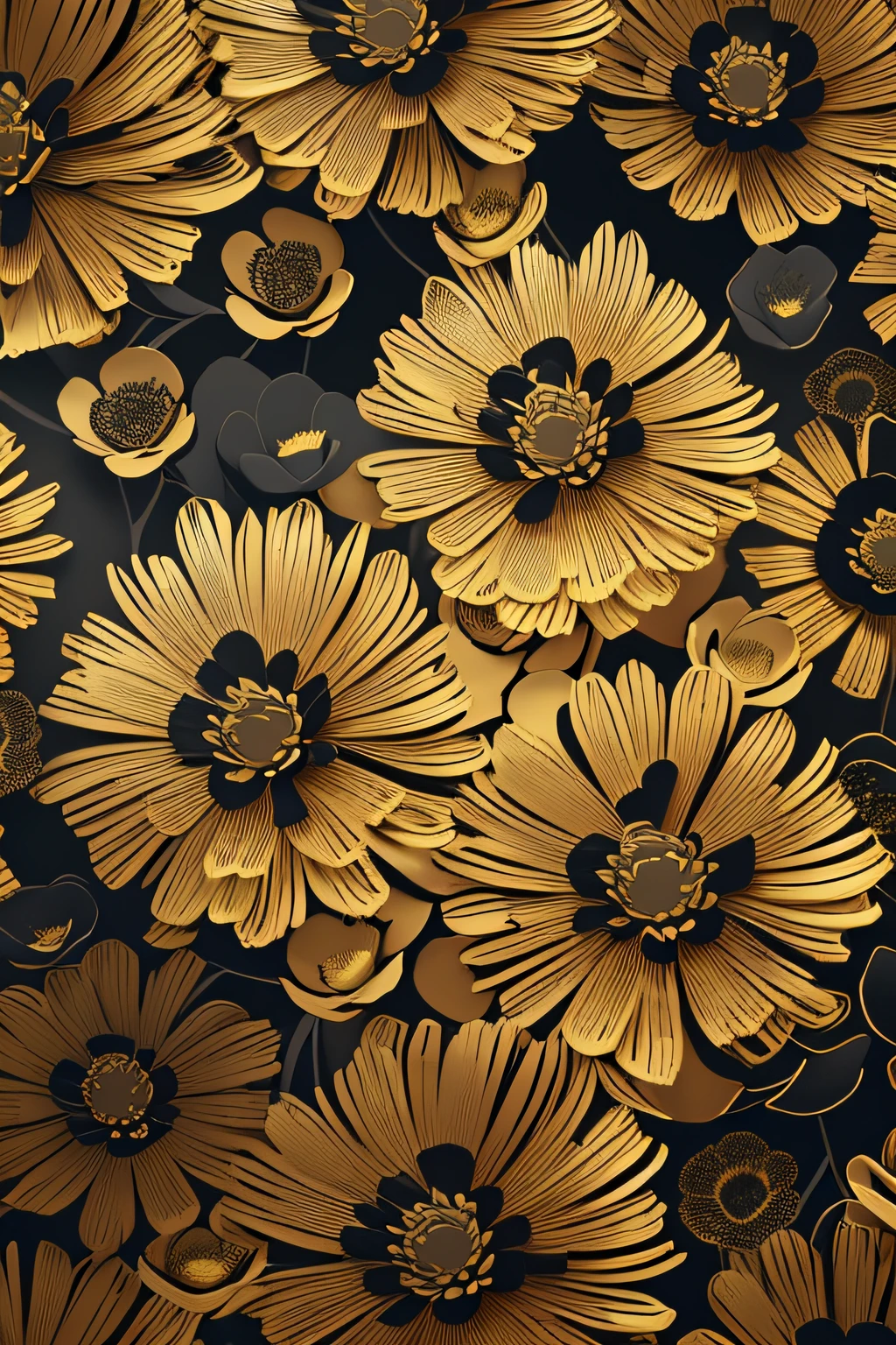 a closeup of a black and gold flower background with many flowers, digital matte black wallpaper wallpaper art, dark flower pattern wallpaper, black and gold colors, golden flowers, rich color in black and gold, black flowers, dark and intricate, flowers and gold, gold and black color scheme,  black pinterest background, dark flowers, golden flowers, chaotic gold leaf flowers, Golden. floral