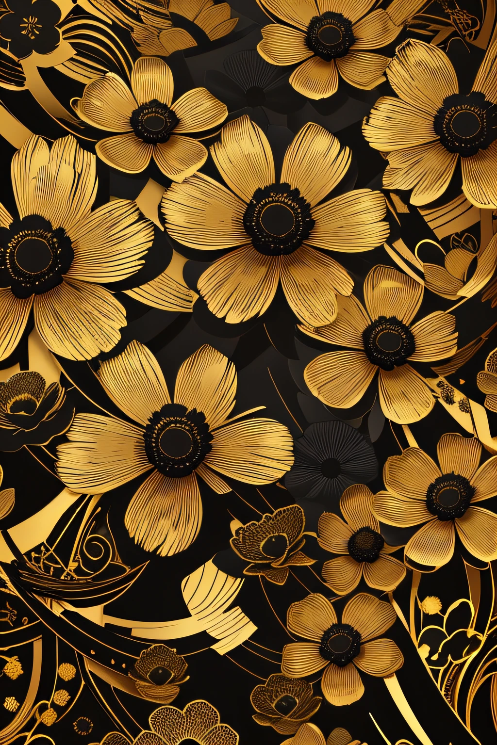 a closeup of a black and gold flower background with many flowers, digital matte black wallpaper wallpaper art, dark flower pattern wallpaper, black and gold colors, golden flowers, rich color in black and gold, black flowers, dark and intricate, flowers and gold, gold and black color scheme, black pinterest background, dark flowers, golden flowers, chaotic gold leaf flowers, Golden. floral