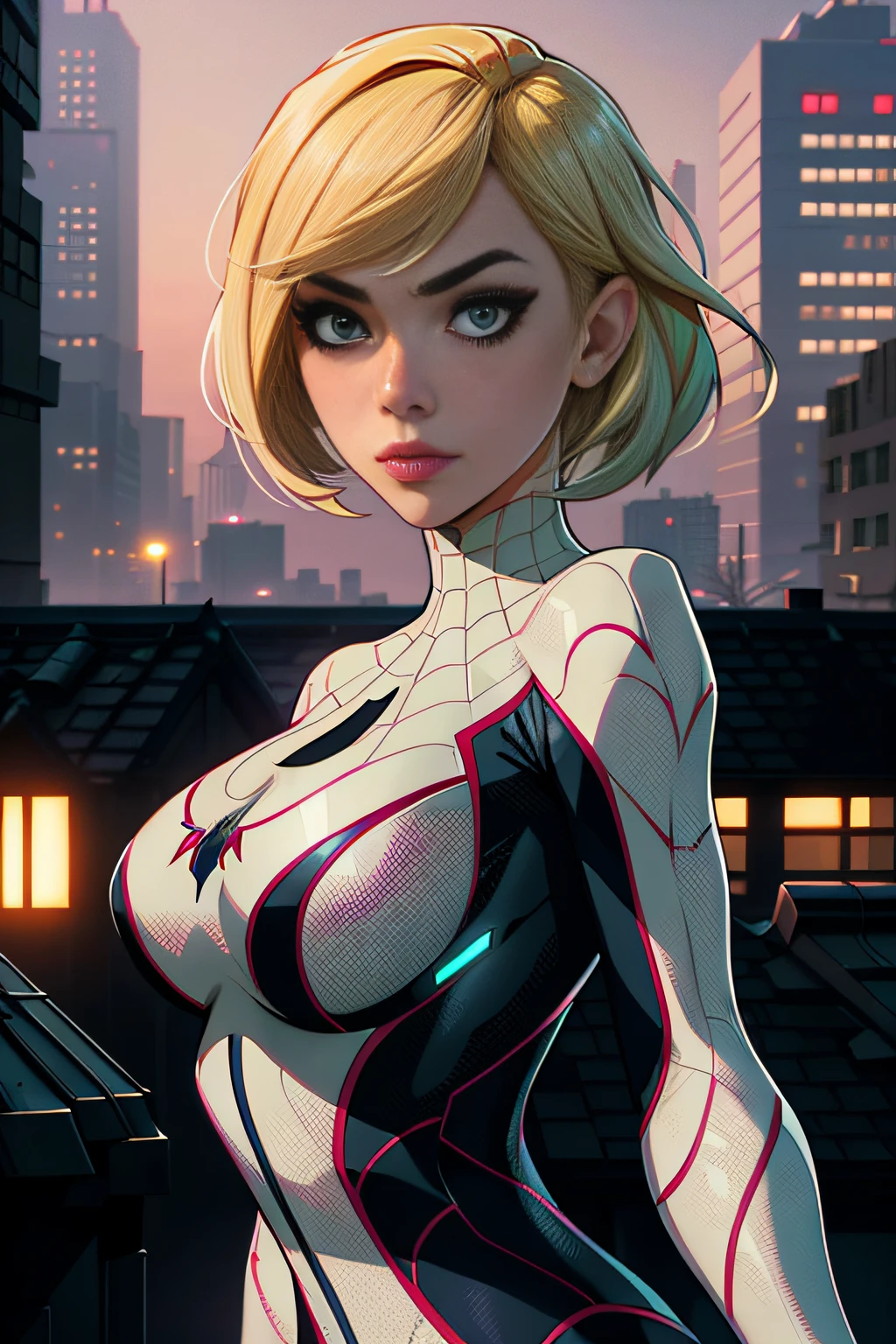 Gwen stacey standing on a roof, wearing spider-gwen suit, white spiderman suit, symmetrical face, freckles, blonde hair, night scene, side lighting, cyberpunk lighting, depth of field, realistic,, hdr, 4k, 8k, raw, hyper detailed, trending on instagram
