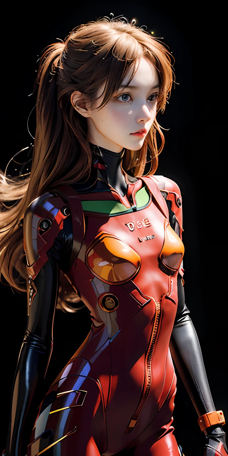 (((realistic))) photo, masterpiece, highest quality, 1girl, slender waist, best quality, pale skin, souryuuasukalangley, plugsuit 02, black background, (detailed face and eyes:1.1), smug, blush, ((shy)), extremely delicate and beautiful girl, dynamic pose, (to8contrast style),