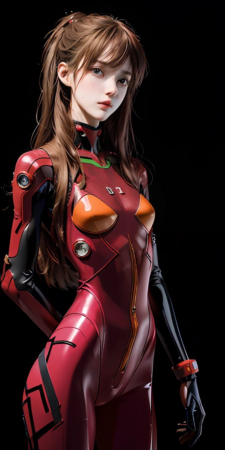 (((realistic))) photo, masterpiece, highest quality, 1girl, slender waist, best quality, pale skin, souryuuasukalangley, plugsuit 02, black background, (detailed face and eyes:1.1), smug, blush, ((shy)), extremely delicate and beautiful girl, dynamic pose, (to8contrast style),