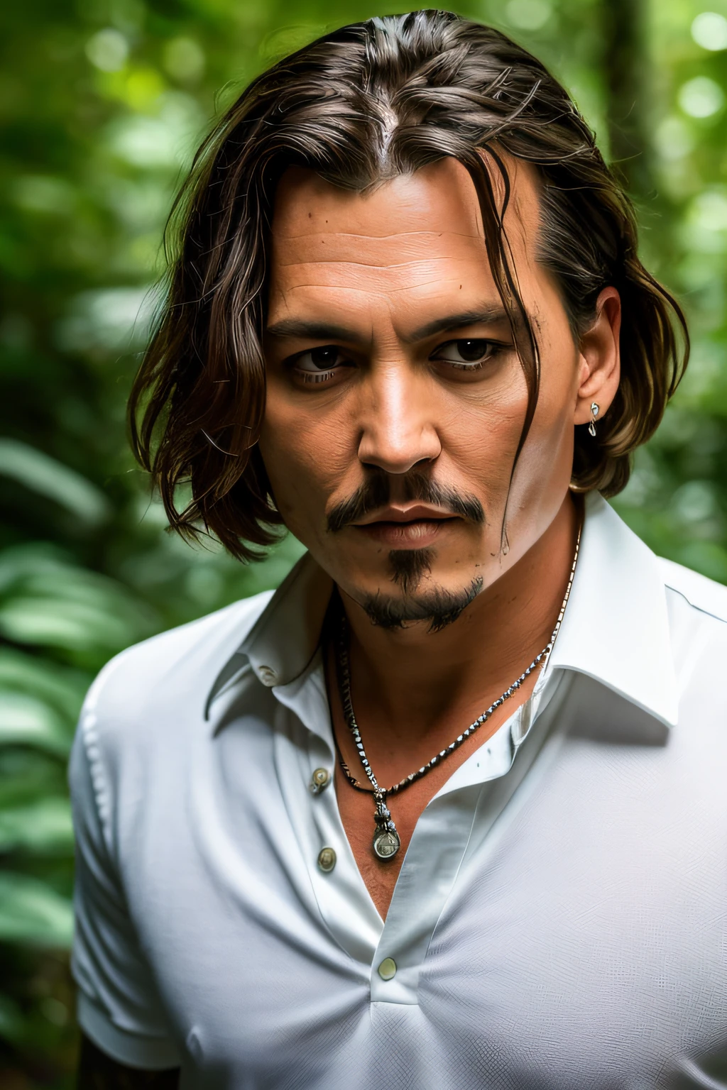 Masterpiece, Johnny Depp walking through the jungle at night in a firefly, (high detail:1 1), rough face, natural skin, wearing white fashion polo shirt, high quality, nsfw, beautiful eyes, (detailed face and eyes), (face: 1 2), noise, extra, real photo, psd, light film photography, clear focus, contrast lighting, detailed skin, high resolution 8k, crazy detail, realistic, professional photography, 8k UHD, DSLR camera, soft light, high quality, film grain, Fujifilm XT3