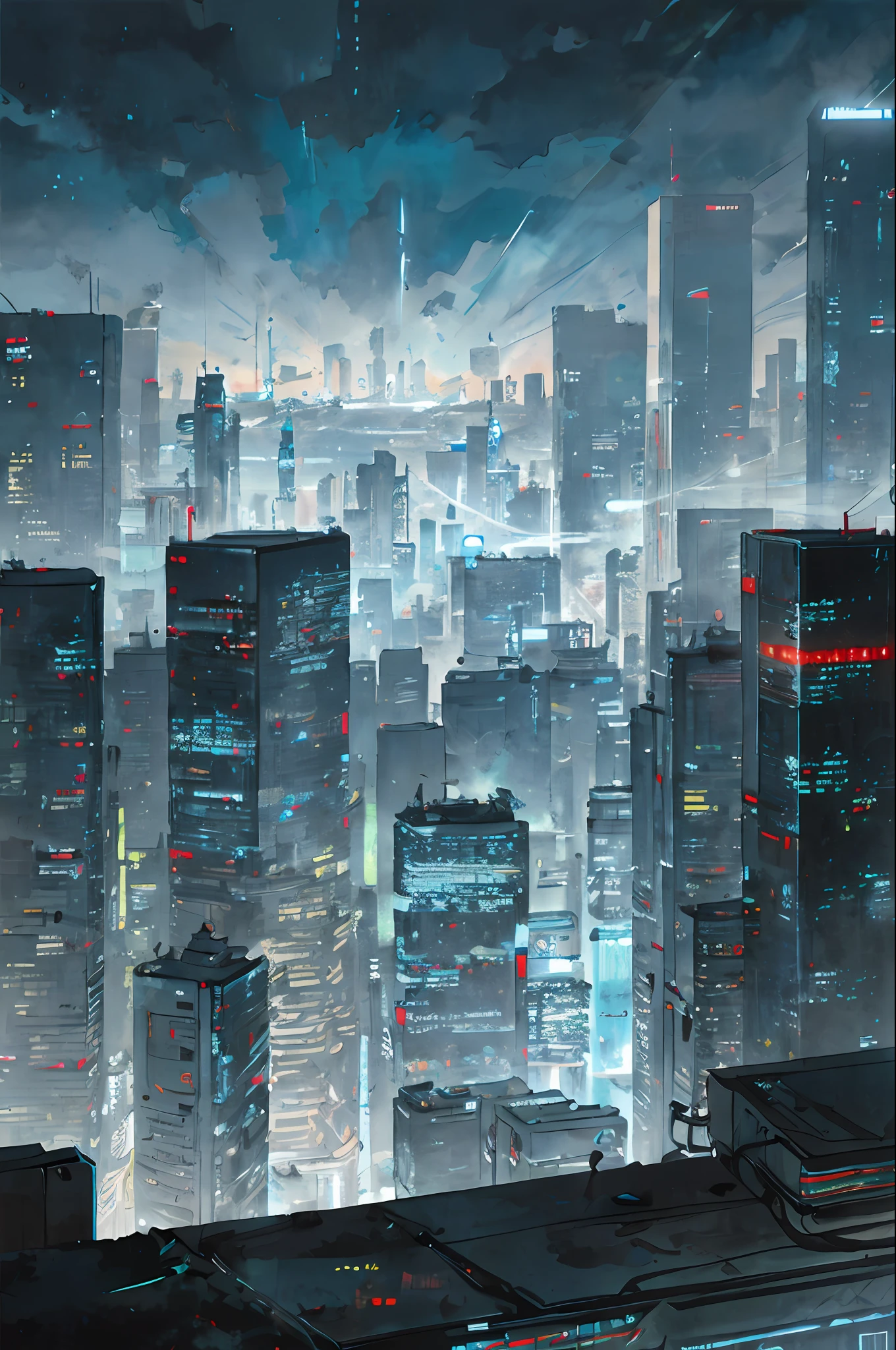 1city, cyberpunk, light blue tone, panoramic, detailed