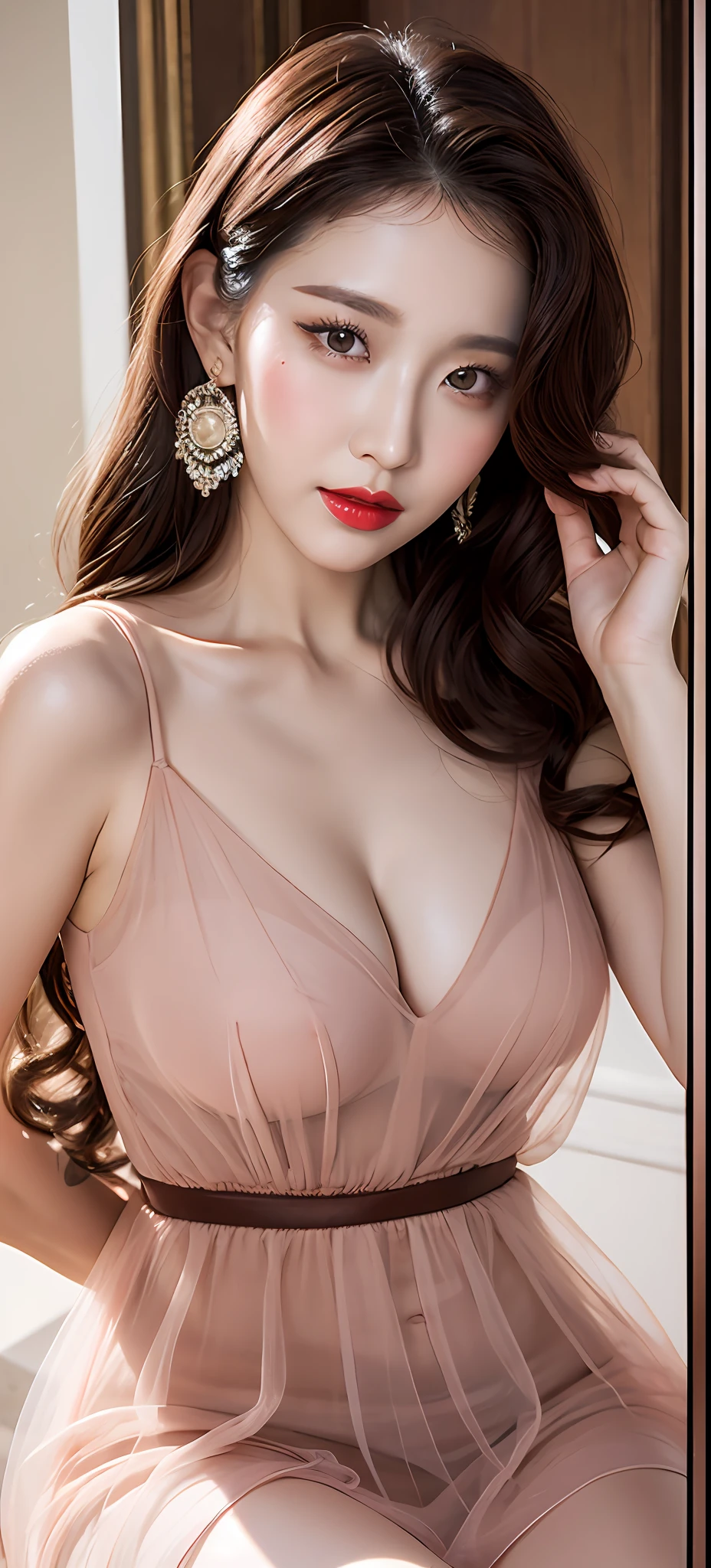 Masterpiece, best quality, 1 mature woman, transparent dress, perfect face, high quality, facial perspective, seductive, sexy, red lip, eye shadow, blush