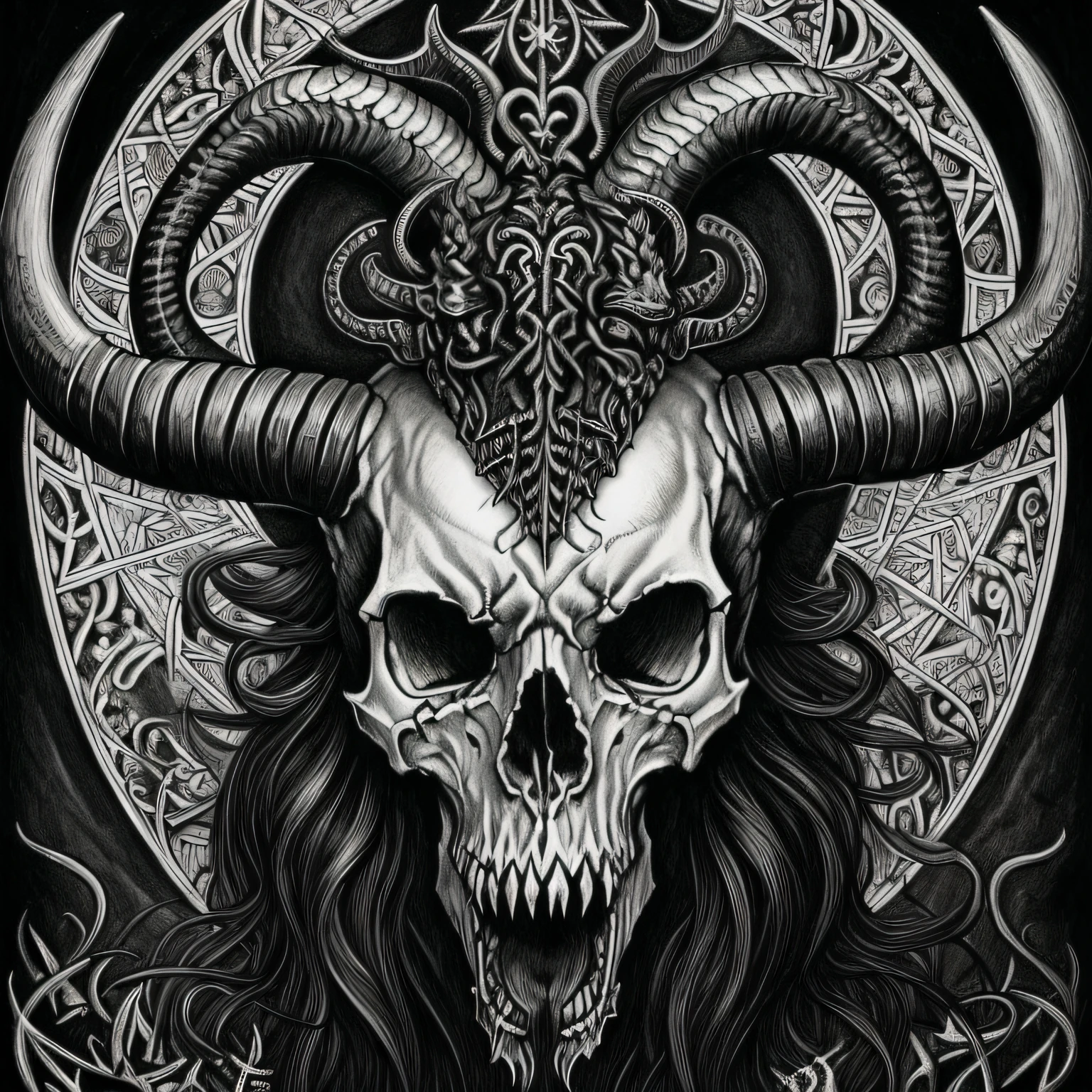 a black and white drawing of a horned skull with snakes around it, highly detailed dark art, ram skull, ram skulls, mark riddick, black metal band logo, ((((occult art)))), with an animal skull for a head, black metal logos, demon white horns, chtulhu, baphomet, adorned with demon skulls, ram skull headpiece --auto --s2