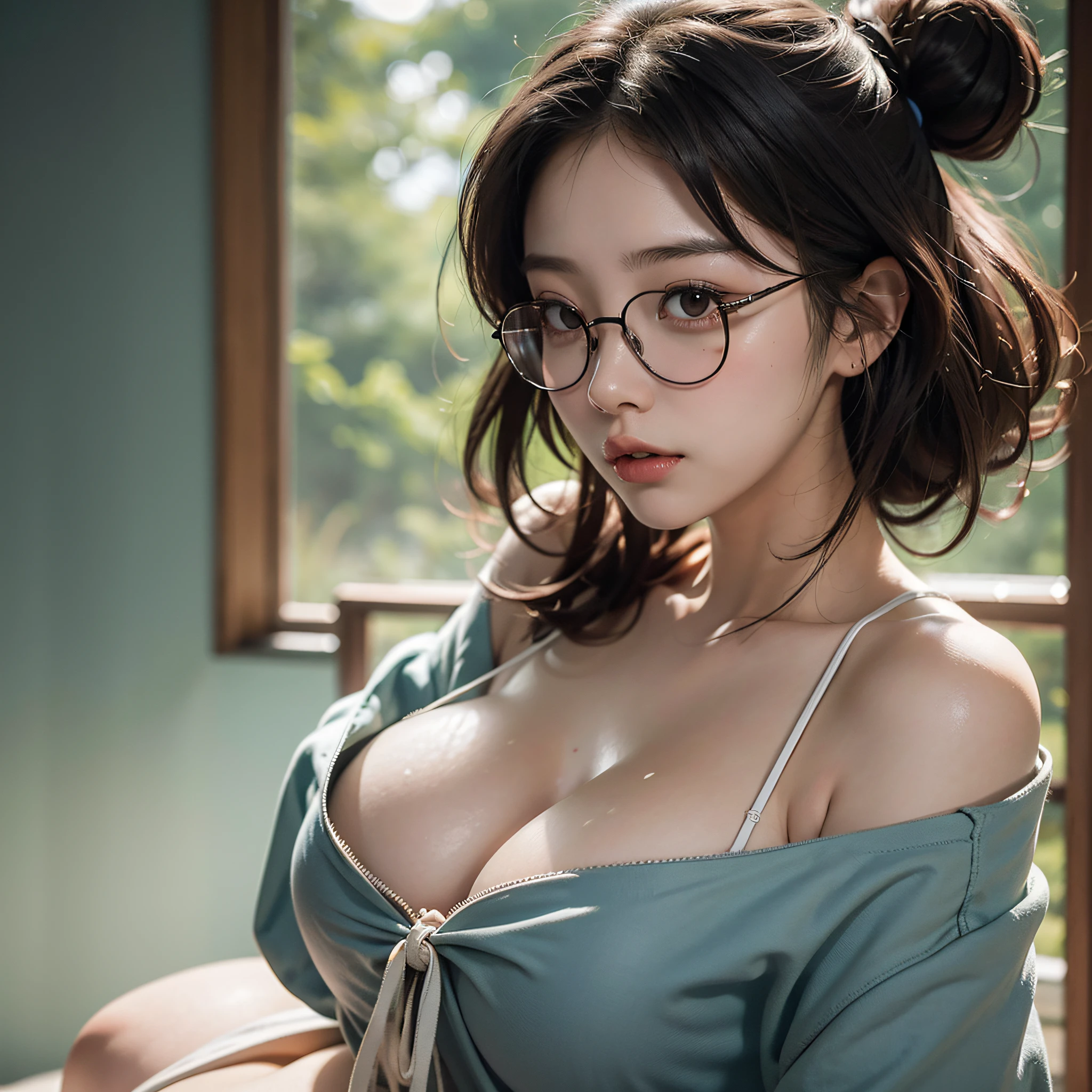 Close up portrait of woman wearing glasses, big, Yoshitomo Nara, open V breast clothes, bust shot with breasts up, hot with shining sun, sexy: 8, Ayami on the islet, hyperhidrosis, cleavage, low cut top, 8k4k