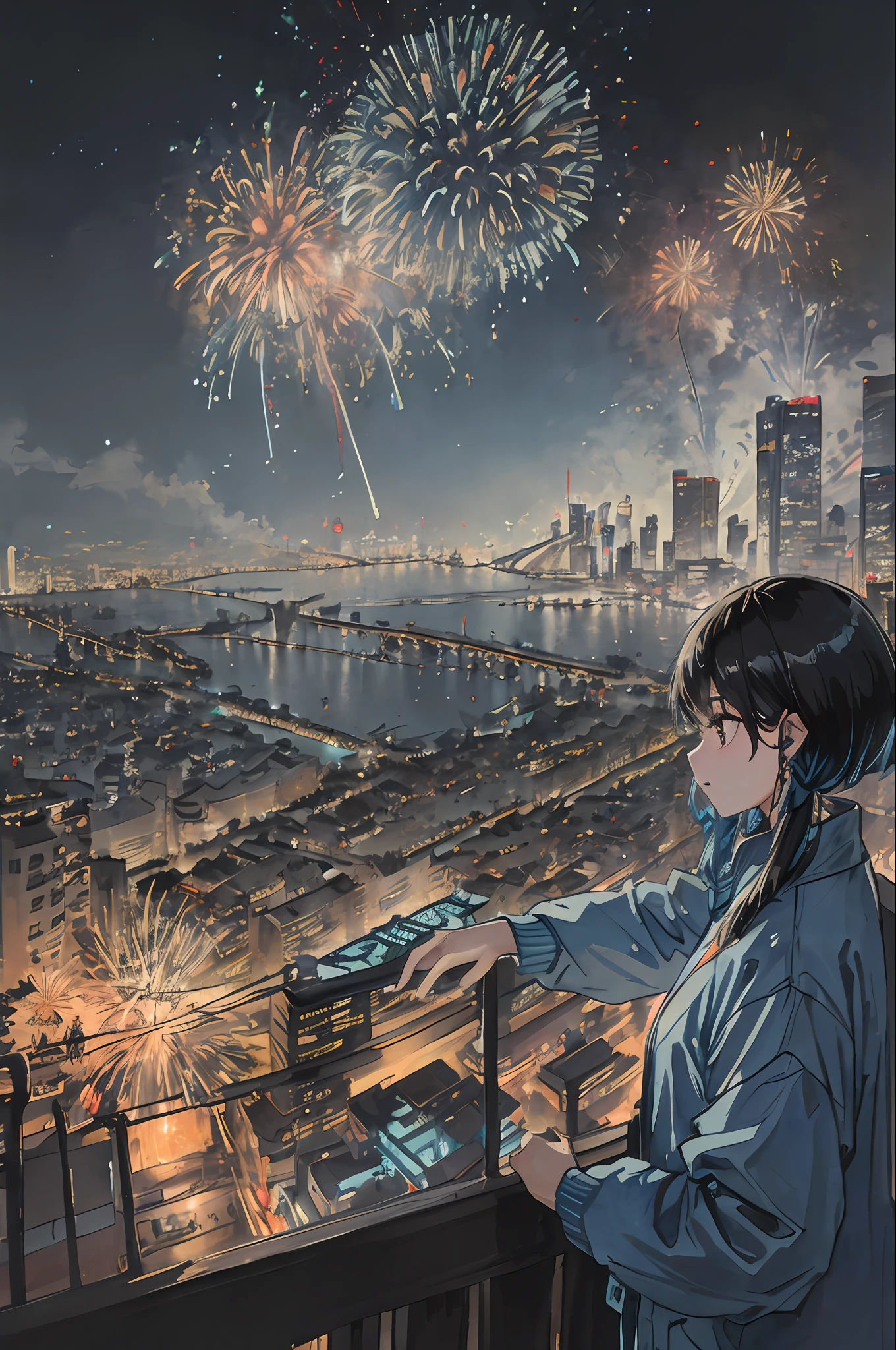 1city, cyberpunk, light blue tone, panoramic, detailed, fireworks, new year