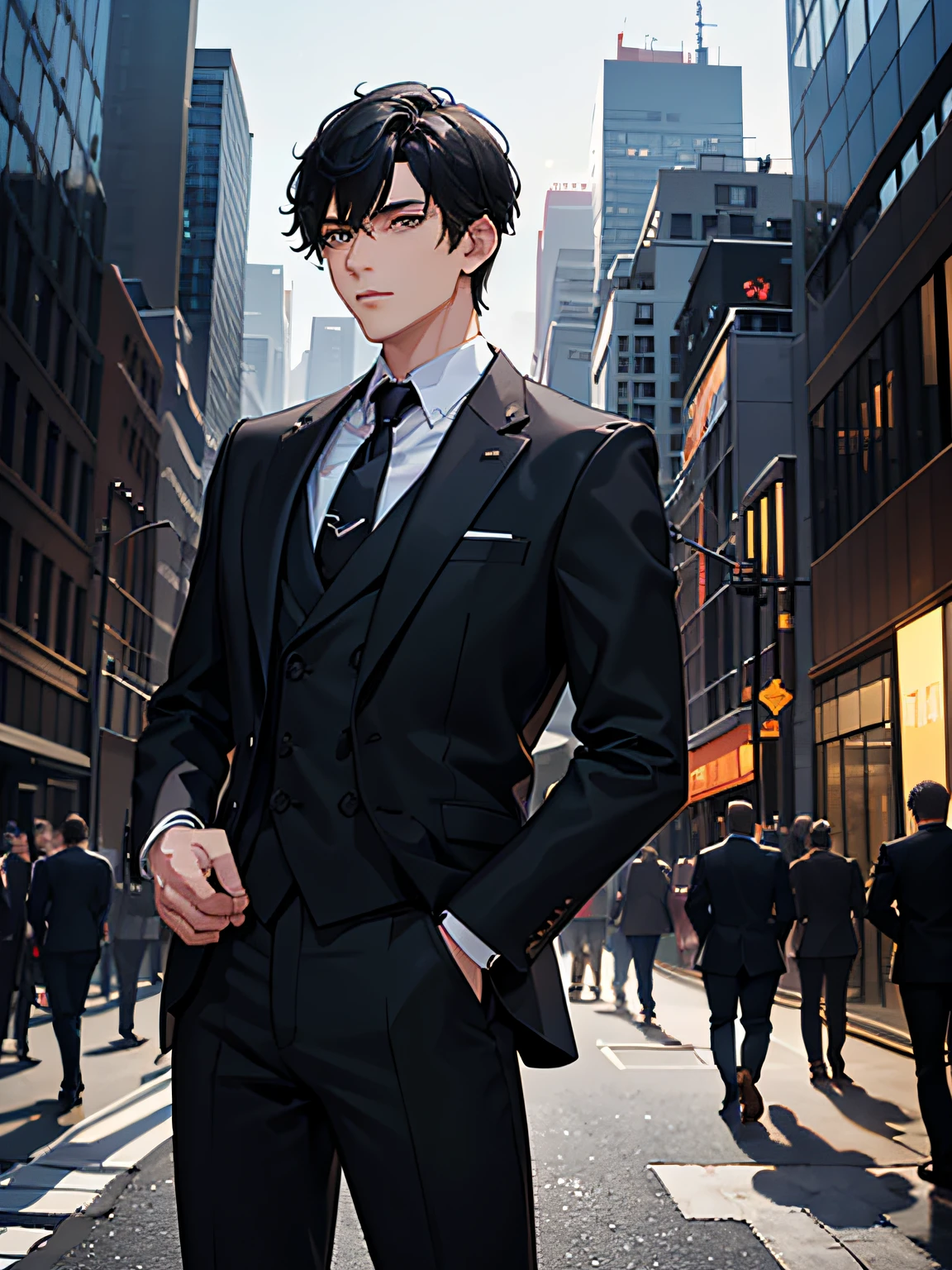 (A ager in a suit with short black hair: 1.4), a wealthy businessman stands at the top of a skyscraper, overlooking the vast cityscape, feeling a sense of power and accomplishment: it is a fine and luxurious work, quality guaranteed, excellent design, and the city is even more dazzling against the setting sun. The businessman wears a tailor-made suit and holds champagne and is surrounded by his loyal associates and employees, a skyscraper and bustling street symbolizing his success. Makes a sense of his power and position, as well as his wealth and achievements, masterpiece, the best quality, CG extremely detailed, fine eye, hyper-detail, intricate details: 1.2), 8k wallpaper, beautiful features