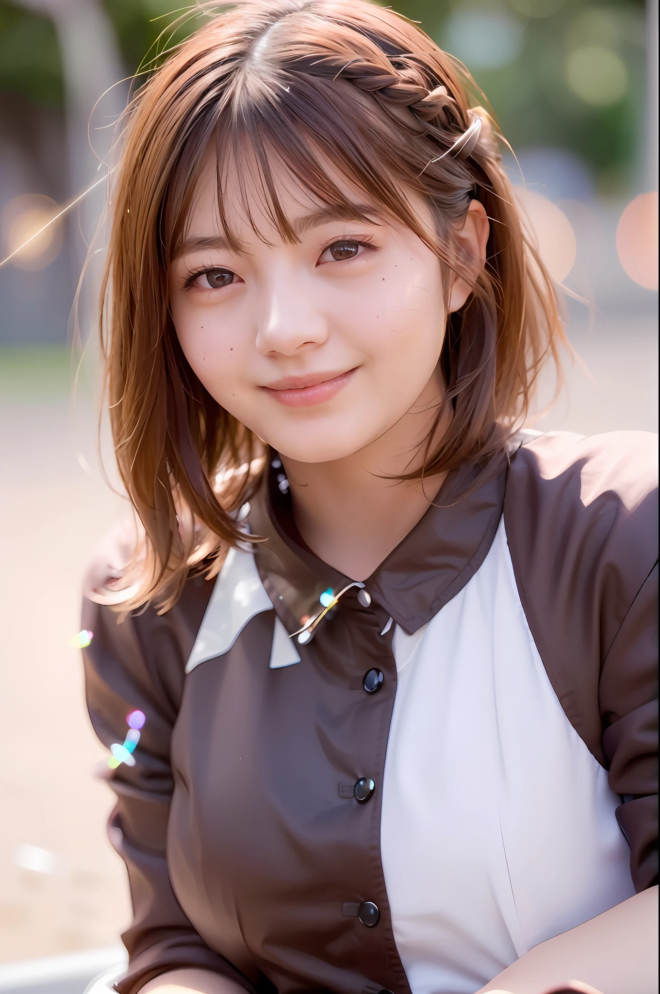 Realistic, Best Quality, Photorealistic, Masterpiece, 8K, High Definition, Solo,1 Female, 25 Years Old, ((((Female)))), Highly Detailed Face, (Skin Spots:1.2), (Skin Dentation), Black Eyes, ((Viewer:1)), (Look at Camera))(Portrait: 0.6), (Lavourbondage)))), Thighs, ((Big: 7.5)), (Voluptuous Body), (Short hair) , brown hair, floating hair, braided hair, lips, lipstick, eyelashes, moles, (moles under eyes:1), seductive smile, open_mouth, teeth, fashionable and trendy atmosphere, (professional lighting, bokeh), (light particles, lens flares, glowing particles: 0.6), (dynamic pose: 1.3), soft lighting, beach, (daytime)), sky,