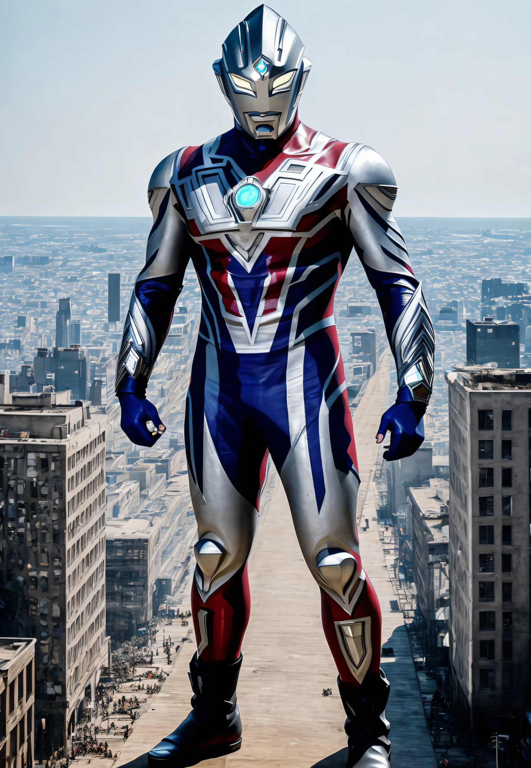 ultraman,(165feet height), [red|black], realistic, high detail raw photo, masterpiece, best quality, detailed, hyper realistic, (full body), detailed face, highly detailed, hdr, ((smooth)), sharp focus, look at viewer, (ruined city), (((detailed background))),