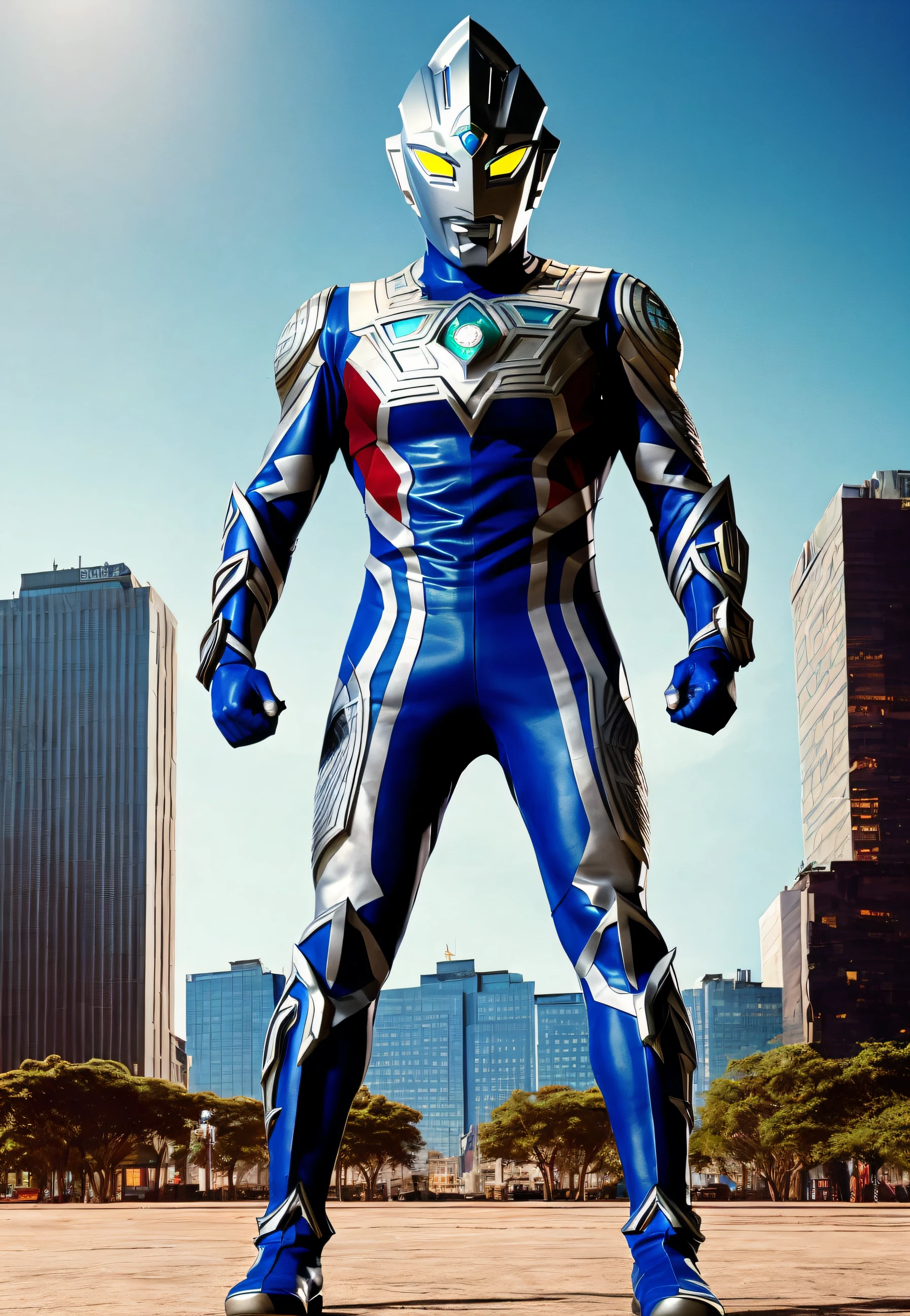 ultraman, giant hero, [blue:black:15], city, building, (full body), cinematic lighting, highly detailed, hdr, realistic, (((detailed background))), perfect anatomy, (fighting pose),