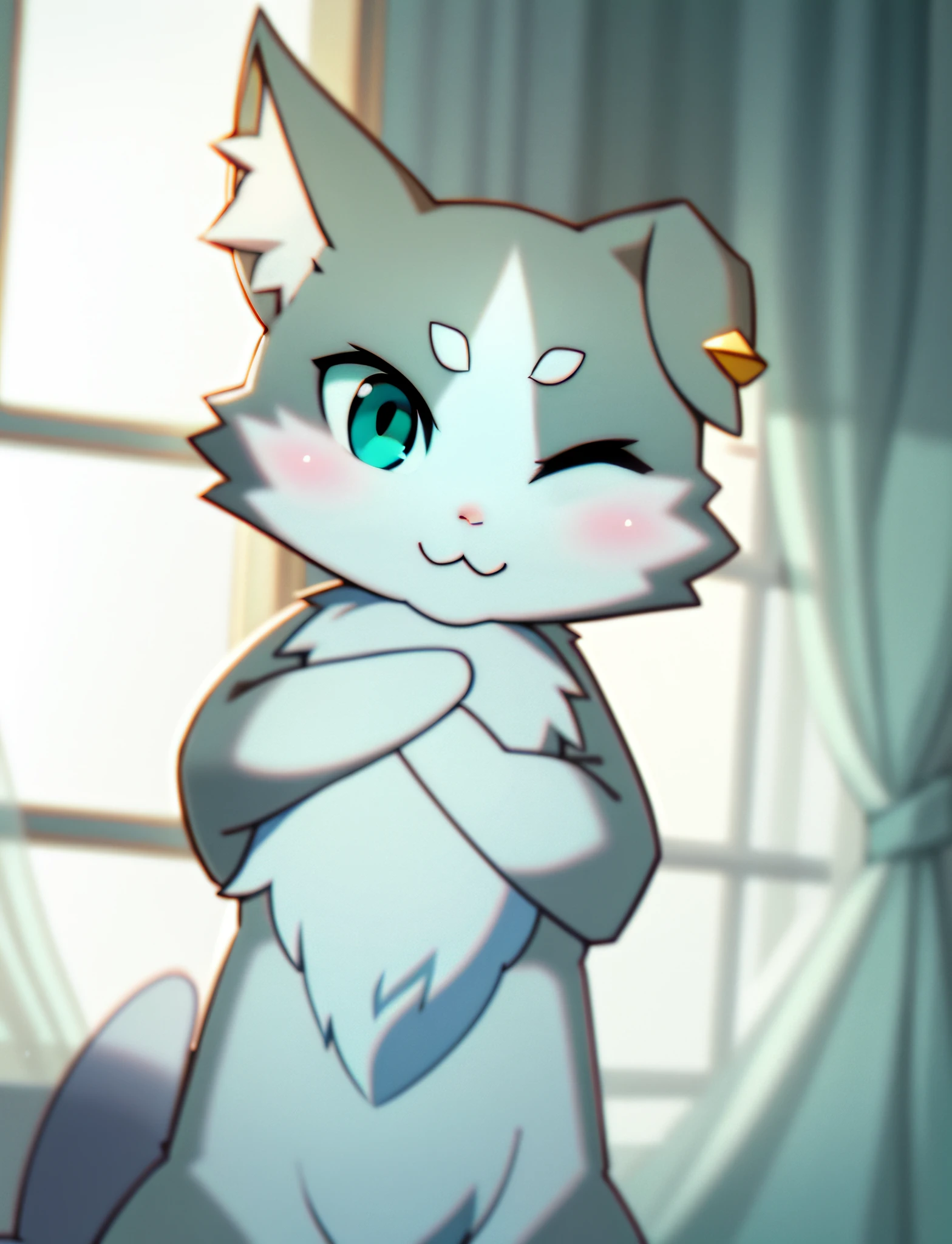 depth of field, perfect lighting, light particles,(best quality),(masterpiece),(ultra detailed),sharp focus, puck, :3, aqua_eyes, blue_eyes, cat, smile, solo, tail, pov, close-up, upper body, windows, curtains, bedroom, all fours, one eye closed,