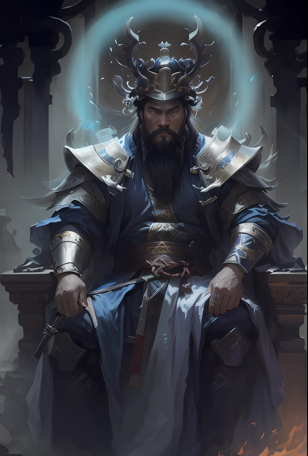Zhong Kui, holding a sword in his hand, fights ghosts