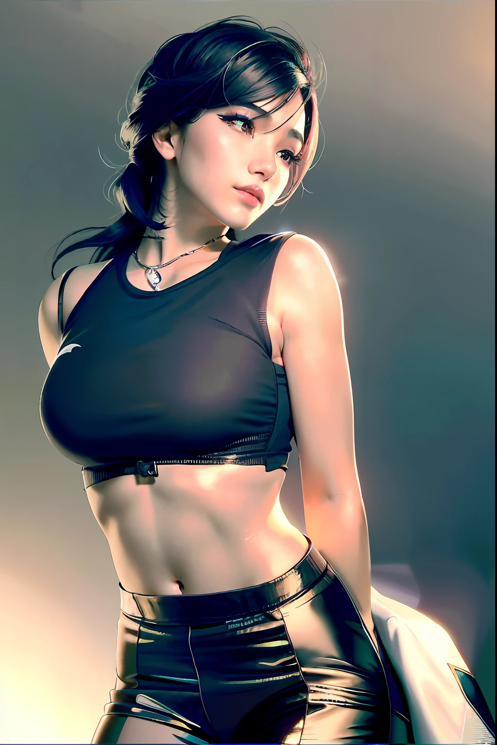 a close up of a woman in a black top and silver shorts, sport bra and shirt, japanese model, deayami kojima, sexy :8, 奈良美智, tifa lockhart, sporty, tifa, sexy style, jaw-dropping beauty, jaw dropping beauty, sport bra, sophisticated gravure idol, mayuri shiina