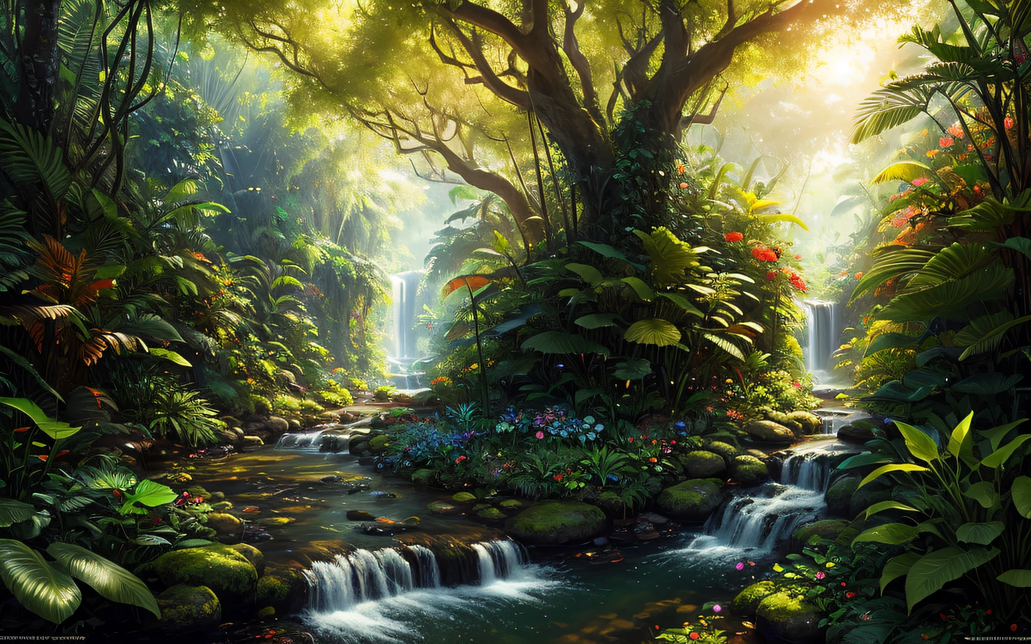 A jungle, sunny, colorful, vines, big trees, fruit trees, a stream with flowers on its edge, masterpiece, best quality, high quality, extremely detailed 8k CG wallpaper, oil painting, award-winning photography, Bokeh, Depth of Field, HDR, bloom, chromatic aberration, photorealistic, extremely detailed, trend in artstation, trend in CGsociety, intricate, high detail, dramatic, art in the middle of the journey, volumetric lighting. Image size: 960 x 536