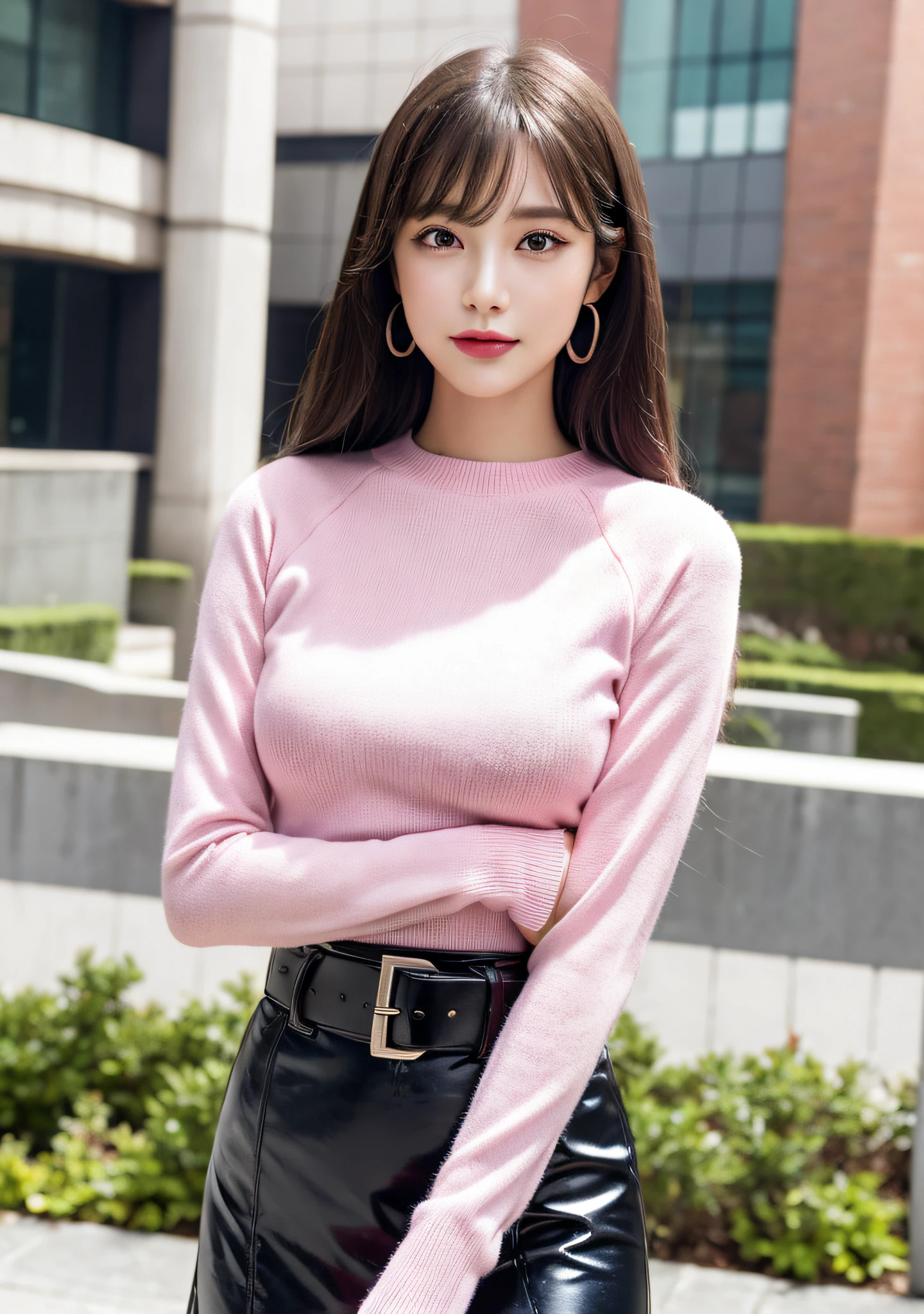 pink tight long sleeve knit shirt, Pink latex tight skirt, latex belt, Dynamic pose, Below the waist shot, haunting smile, moist lips, irises and pupils are rounded, the pupil reflects the surroundings, eyes are not the same size, hoop earrings, Middle eyes, perfect eyes, watery eyes, thick bangs, Thin legs, high detailed skin, visible pores, large breasts, pink lip make, leaning against a university building wall near a university street 19 age girl, ultra high res, photorealistic, realistic, best quality, photo-realistic, photon mapping, radiosity, physically-based rendering, automatic white balance, technological sense, best quality, masterpiece, illustration, CG, unity, wallpaper, official art, Amazing, finely detail, an extremely delicate and beautiful, extremely detailed, highly detailed, sharp focus, rich background, blurry background, real person, photograph.