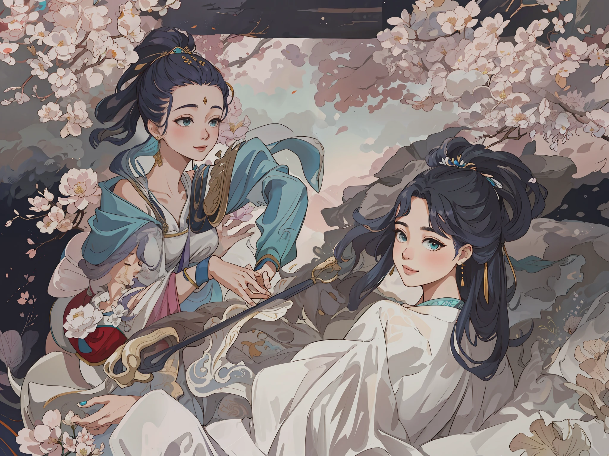 A beautiful girl in ancient China sitting on a large lotus leaf, turquoise dress, sunshine, clear face, beautiful hands, masterpiece, ultra-detailed, epic composition, high quality, highest quality, (masterpiece, top quality, best quality, official art, beauty and aesthetics: 1.2), (1 girl), extreme detail, (fractal art: 1.5), colorful, highest detail, [blue feathers|purple feathers] hair, very long hair, (scattered), (flowing hair: 1.5), hair background, hanfu, bare shoulders, (collarbone: 0.9), white dress, smile, hanfu, tang style, big breasts, 36d, big breasts, sexy, buttocks, hot, big breasts, cleavage, big tits, detailed, 4k --v 6