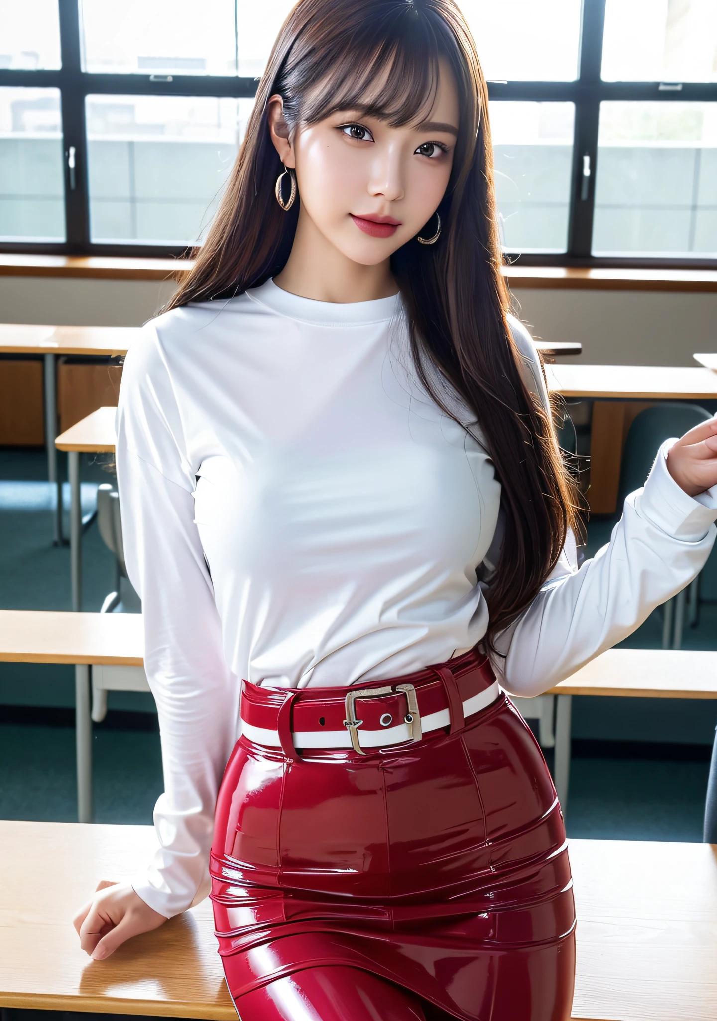 white tight long sleeve T-shirt, (Red latex tight skirt), latex belt, Dynamic pose, Below the waist shot, haunting smile, moist lips, irises and pupils are rounded, the pupil reflects the surroundings, eyes are not the same size, hoop earrings, Middle eyes, perfect eyes, watery eyes, thick bangs, Thin legs, high detailed skin, visible pores, large breasts, pink lip make, Leaning on a desk in a large, sparsely populated university lecture hall, where natural light streams in through big windows, 19 age girl, ultra high res, photorealistic, realistic, best quality, photo-realistic, photon mapping, radiosity, physically-based rendering, automatic white balance, technological sense, best quality, masterpiece, illustration, CG, unity, wallpaper, official art, Amazing, finely detail, an extremely delicate and beautiful, extremely detailed, highly detailed, sharp focus, rich background, blurry background, real person, photograph.