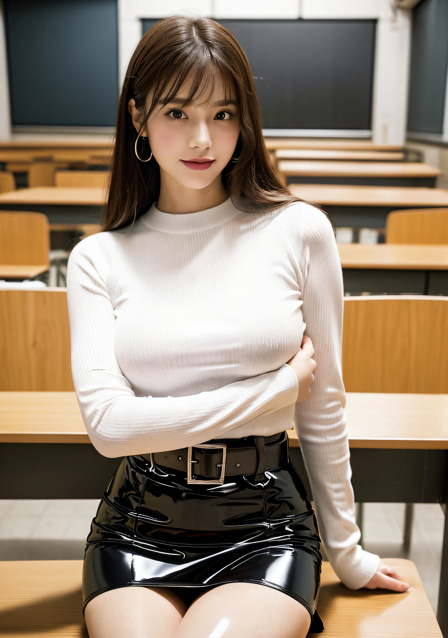 white tight long sleeve knit shirt, (Red latex tight skirt), latex belt, Dynamic pose, Below the waist shot, haunting smile, moist lips, irises and pupils are rounded, the pupil reflects the surroundings, eyes are not the same size, hoop earrings, Middle eyes, perfect eyes, watery eyes, thick bangs, Thin legs, high detailed skin, visible pores, large breasts, pink lip make, Leaning on a desk in a sparsely populated university lecture hall, 19 age girl, ultra high res, photorealistic, realistic, best quality, photo-realistic, photon mapping, radiosity, physically-based rendering, automatic white balance, technological sense, best quality, masterpiece, illustration, CG, unity, wallpaper, official art, Amazing, finely detail, an extremely delicate and beautiful, extremely detailed, highly detailed, sharp focus, rich background, blurry background, real person, photograph.