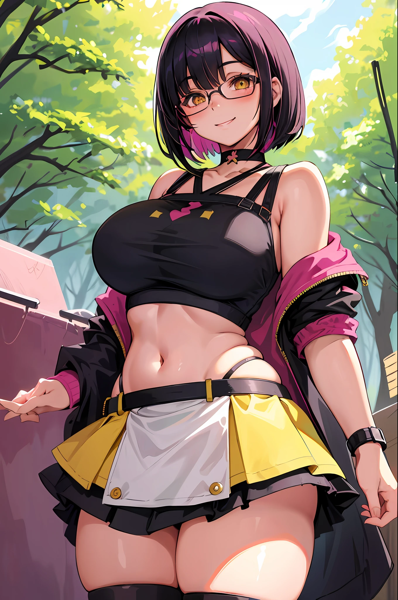 1 girl smiling, golden eyes, pink and black hair, short hair bob cut, big breasts, thick thighs, chubby, crop top, mini skirt, thigh stockings, glasses, choker, forest background