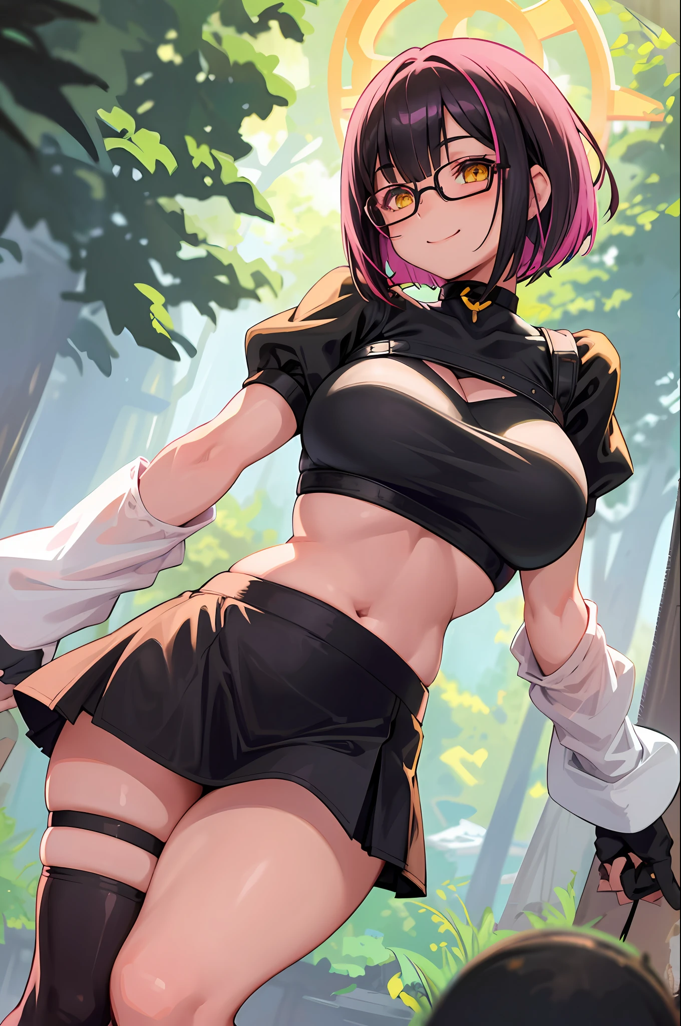 1 girl smiling, golden eyes, pink and black hair, short hair bob cut, , thick thighs, chubby, crop top, mini skirt, thigh stockings, glasses, choker, forest background