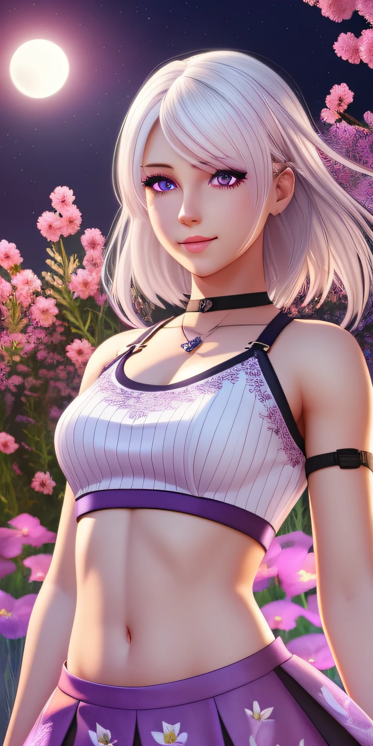 realistic, 1girl, white hair, purple eyes, glowing eyes, crop top, skirt, parted lips, blush, night, flowers, sun, sunlight, --auto --s2