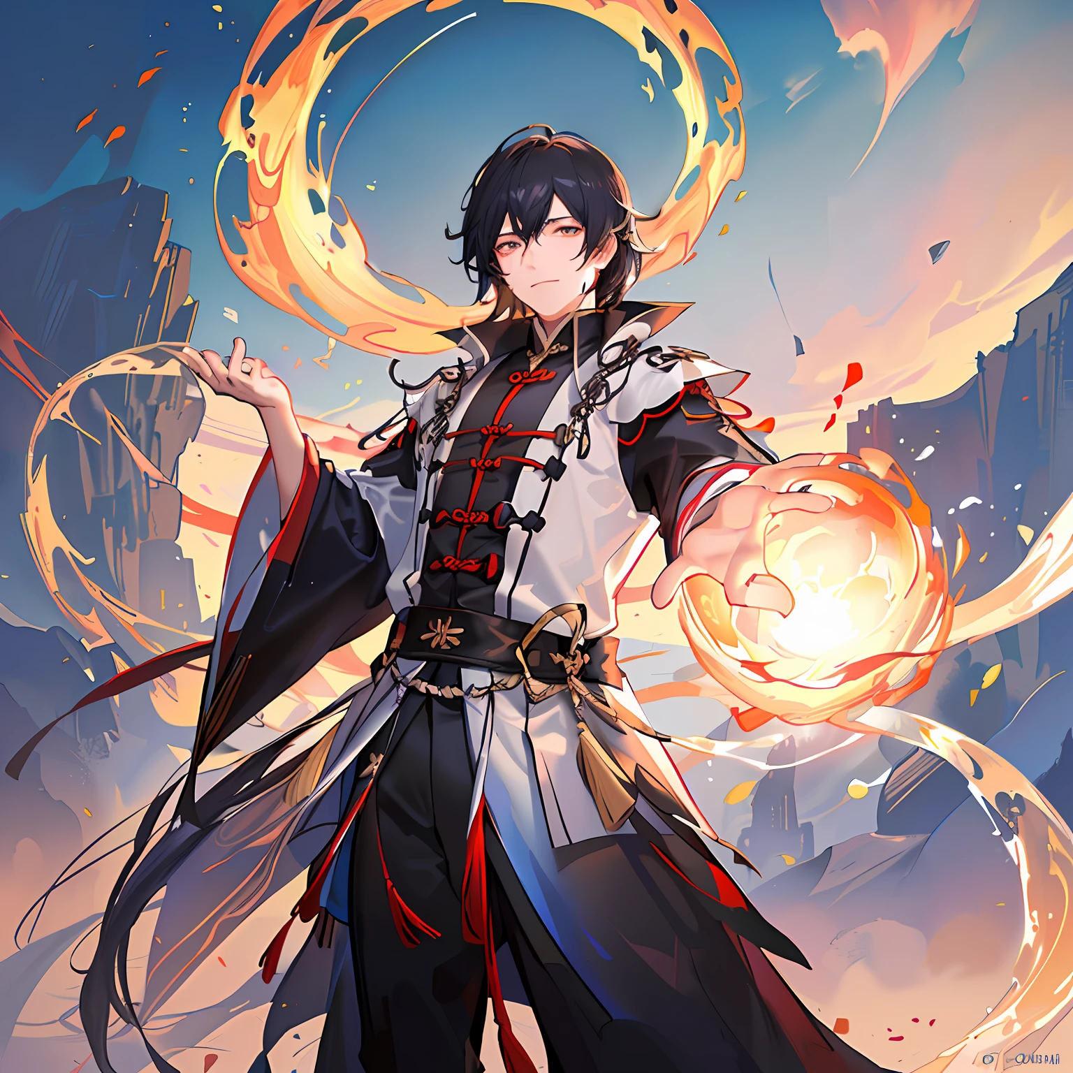 Master, Masterpiece, Super Detail, 8K Quality, 1 Man, 18 years old, Black hair, blond eyes, Taoist robes, Bright colors, Strong contrast, Cool gradient, Fire magic, Water magic, Fantasy, Gorgeous, Mood lighting, Volume light, Fantasy gradient sky,