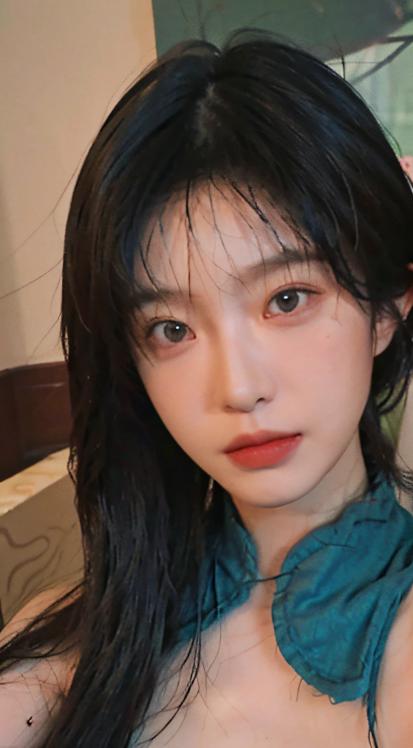 8K, Best Quality, Masterpiece, Ultra High Resolution, (Realism: 1.4), Original Photo, (True Skin Texture: 1.3), (Film Grain: 1.3), (Selfie Angle), 1 Girl, Beautiful Emerald Gemstone Eyes and Delicate Face Details, Pink Top, Masterpiece, Best Quality, Close-up, Upper Body, Looking at the Viewer