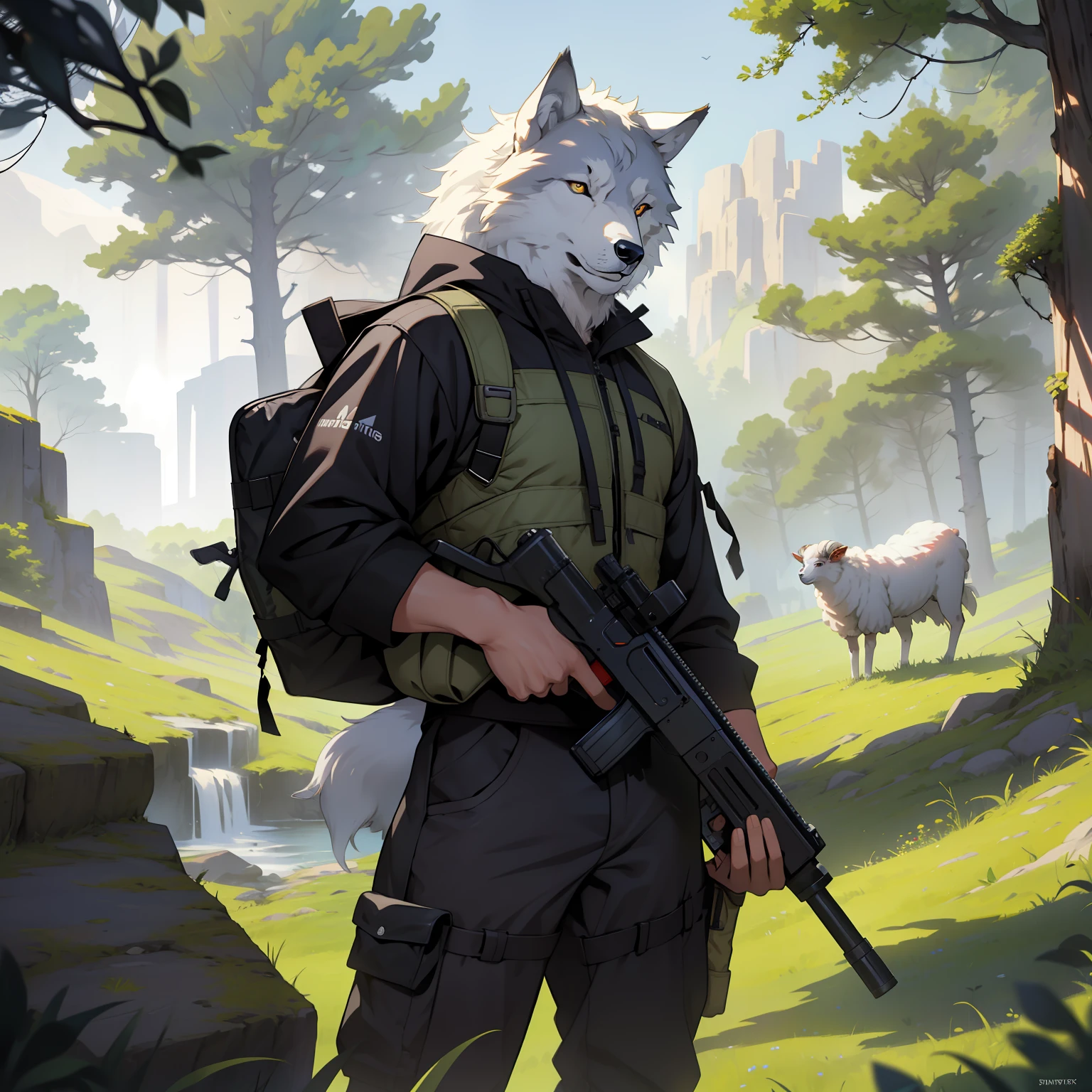 (Masterpiece: 1.2), Best Quality, High Resolution, Wolf holding Net Gun with one sheep behind tree