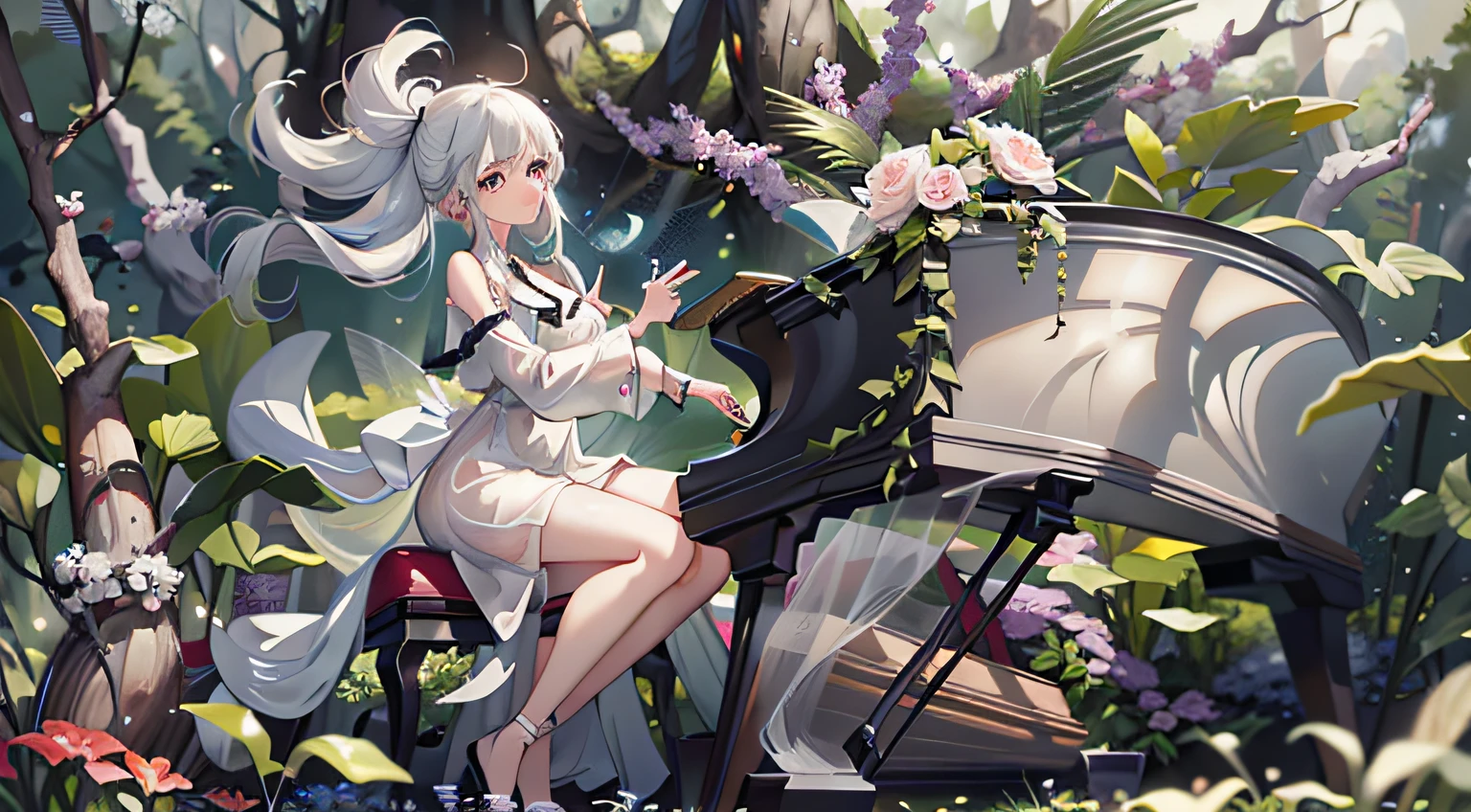 there is a woman sitting on a piano in the woods, pianist, amongst foliage, white hair floating in air, playing harp in magical forest, playing piano, inspired by Wojciech Weiss, lost in a dreamy fairy landscape, cyarine, a still of an ethereal, with long white hair, piano, in white clouds fairyland, in a melancholy mood