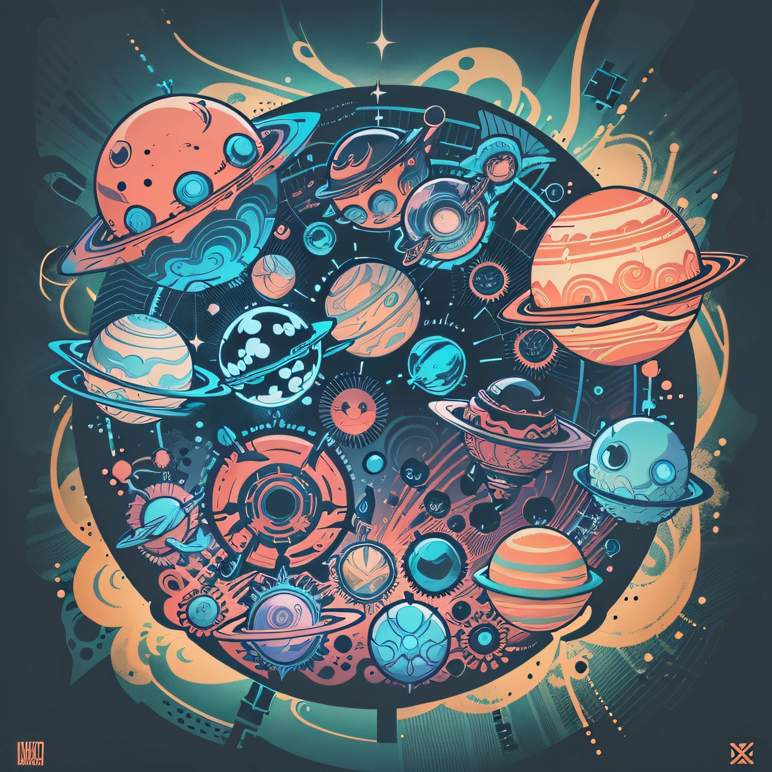 Create an epic design that combines elements of outer space, such as planets, stars, and spaceships, with icons of nerd culture, such as characters from movies, comics, and games --auto --s2