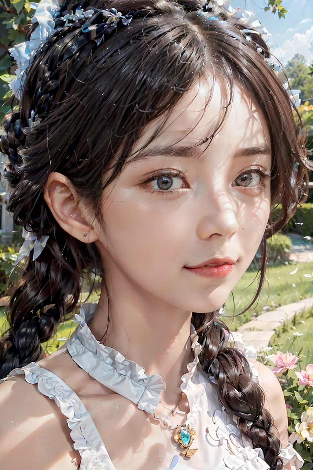 best quality, ultra hi res, photoreaslistic, a photography of a beautiful woman, 20yo teen age, detailed face, black Dutch braids with twists, (detailed porcelain doll,delicate clothes with a lot of frills and ribbons), Mansion pool, (face close up), seductive look, looking at viewer