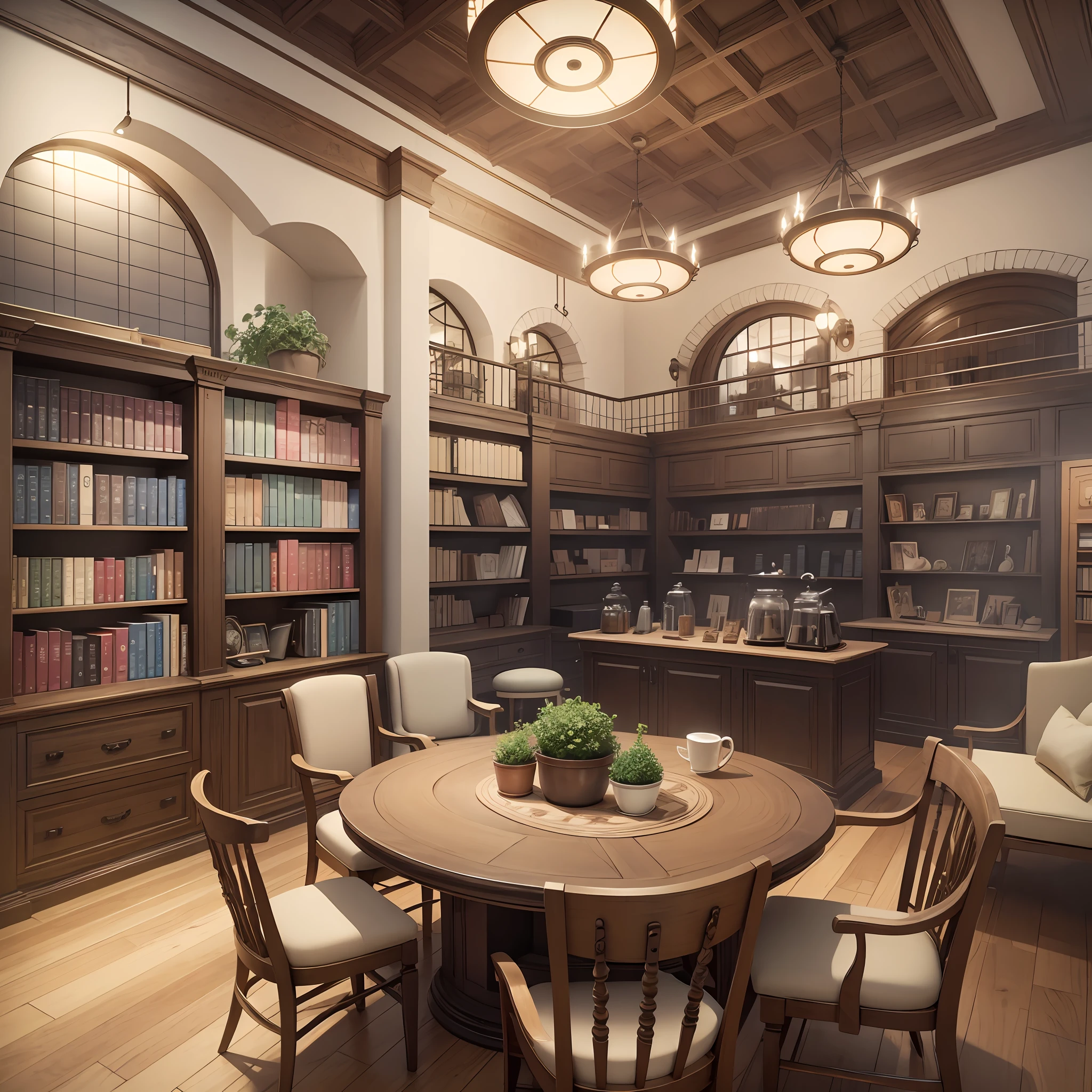interior design of old book store, with coffee machine, realistic, 8k