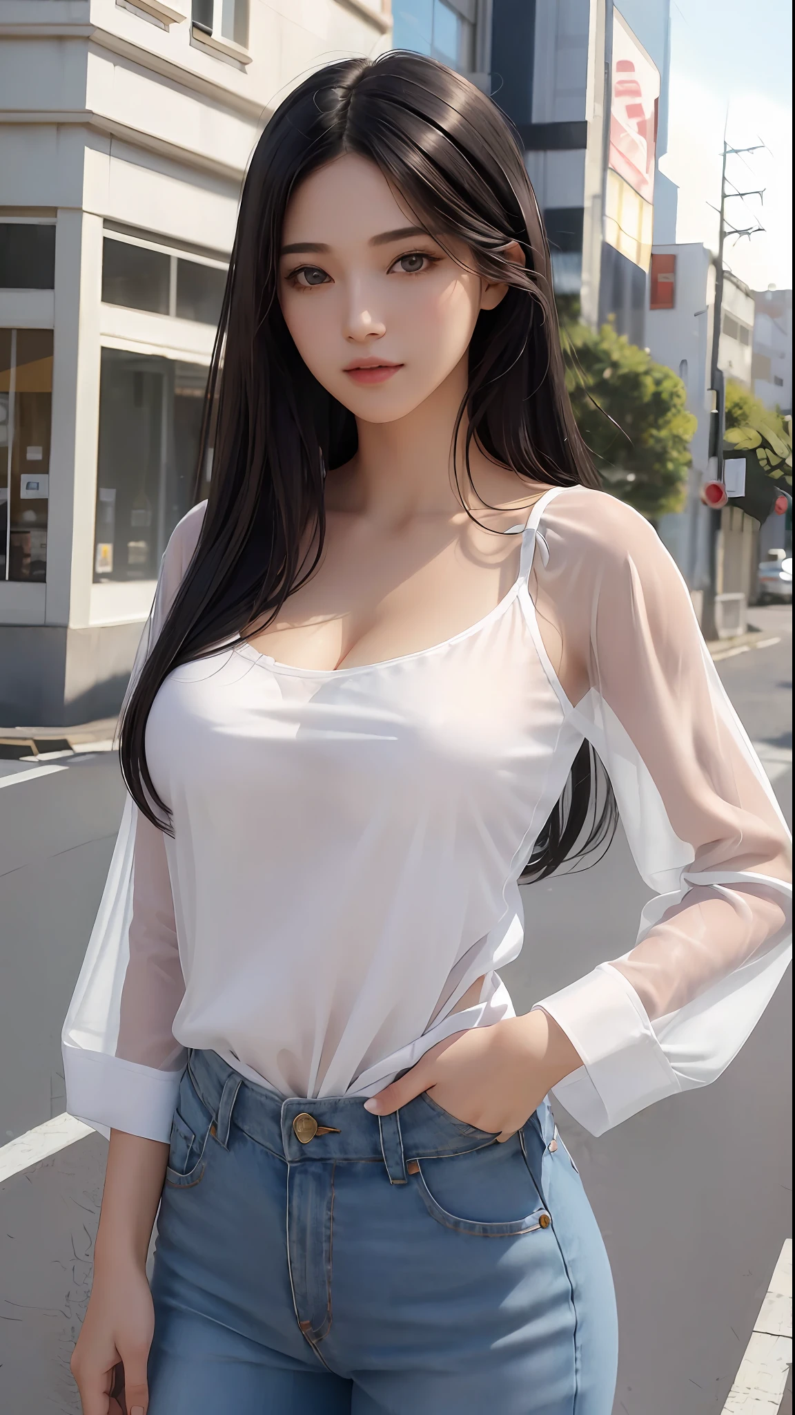 (masterpiece:1.4), (8k, photorealistic, RAW photo, best quality: 1.4), japanese, (1girl), beautiful face, (realistic face:1.4), (black hair, long hair:1.3), beautiful hairstyle, realistic eyes, beautiful detailed eyes, (realistic skin:1.3), beautiful skin, attractive, ultra high res, ultra realistic, highly detailed, golden ratio, (detailed face:1.4), looking at viewer, smile, open white shirt, medium breasts, standing, hand on hip, transparent shirt, (braless:1.4), shown_nipples, mini jeans panties,